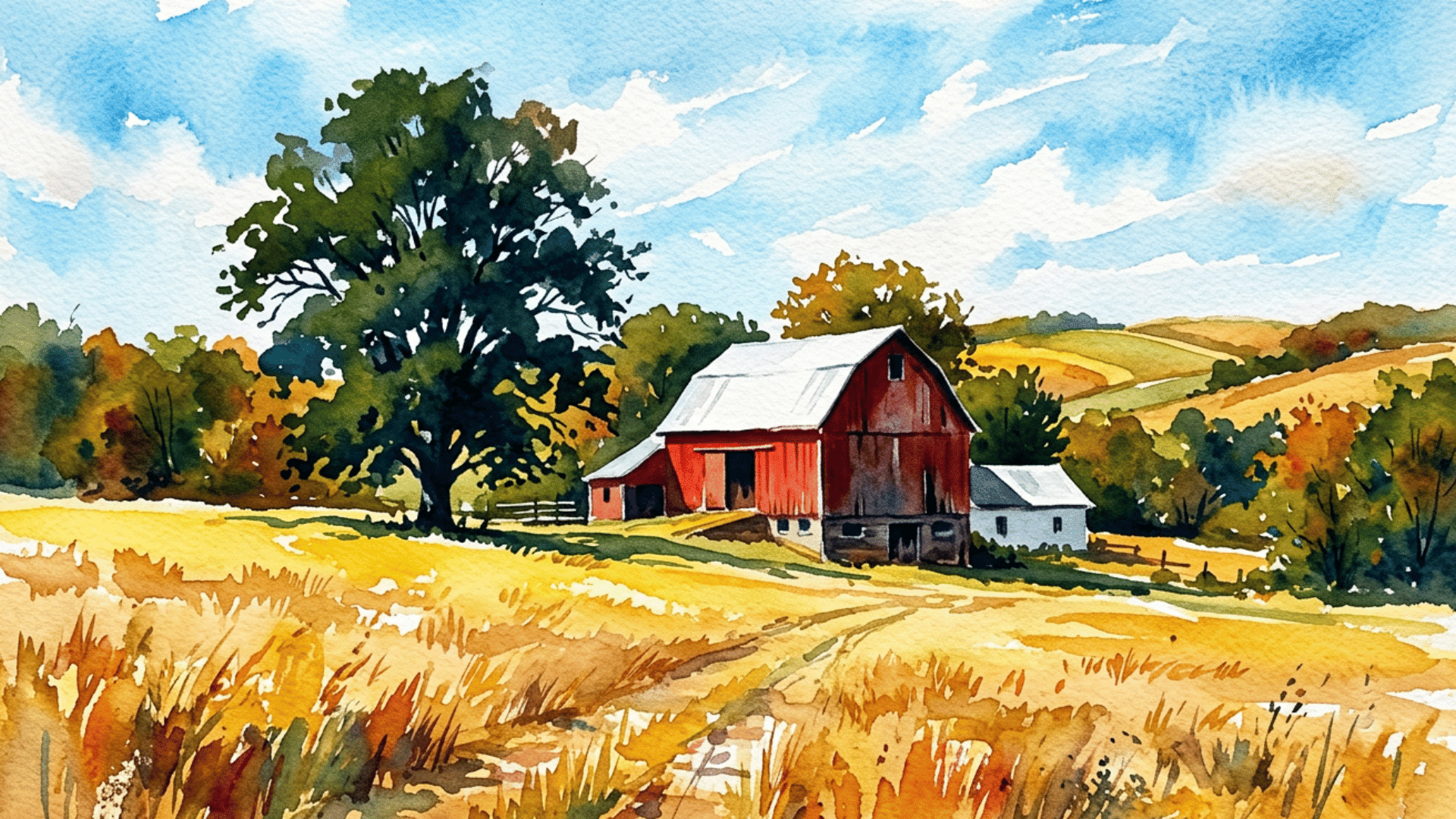 peaceful rolling hills painting with layered green landscapes and a soft blue sky using simple brushstrokes