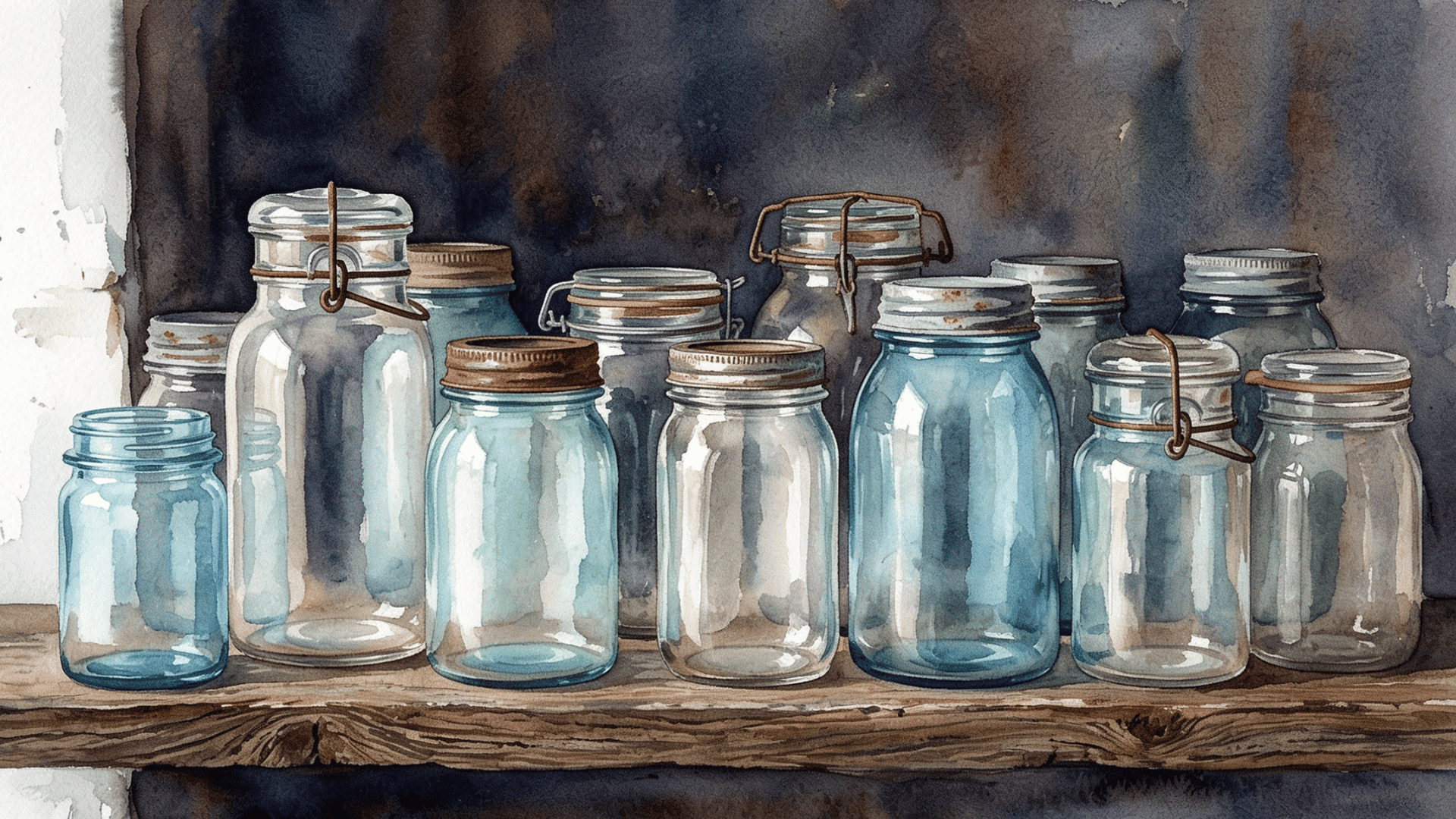 classic mason jar painting with colorful jars arranged side by side filled with simple decorative elements