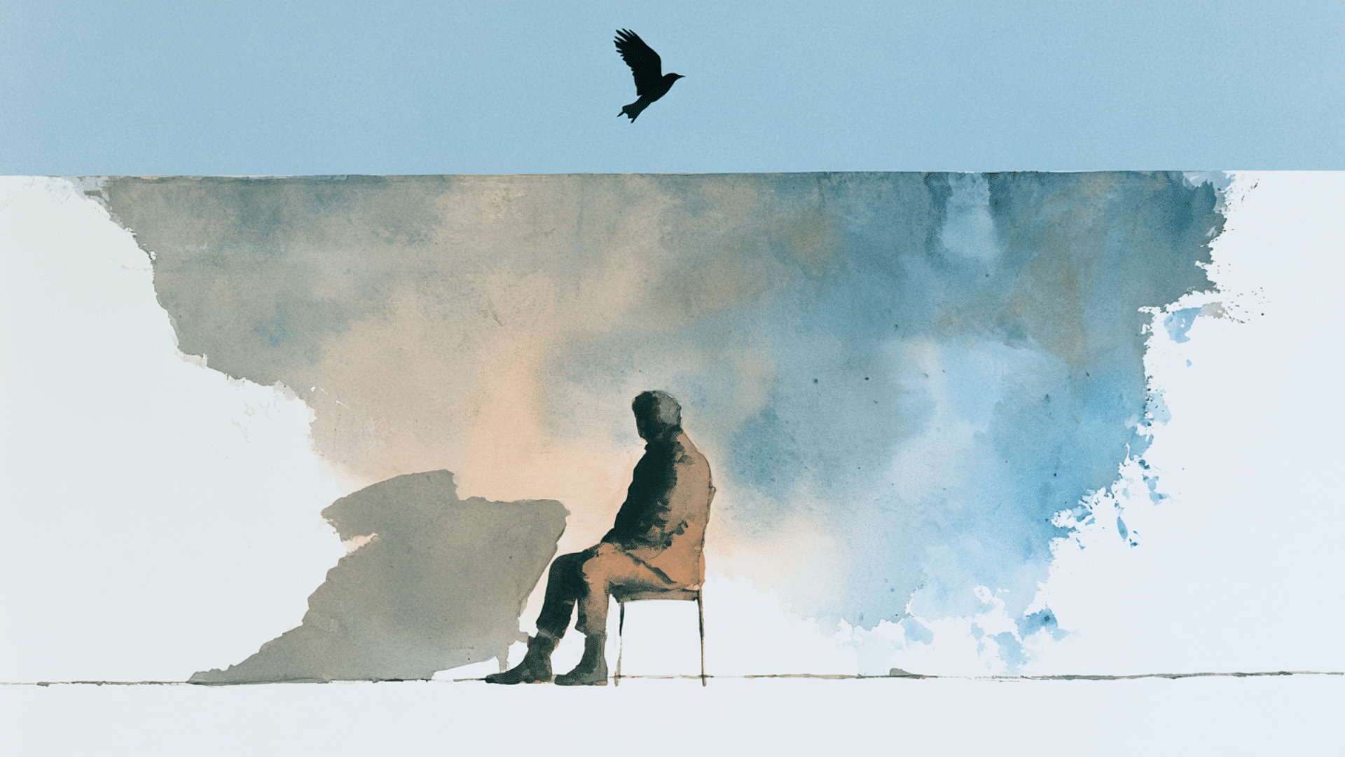 watercolor painting of a seated person on a simple chair with a large empty wall behind them, soft light and shadow, minimal background detail, a flying bird in the open sky above, clear negative