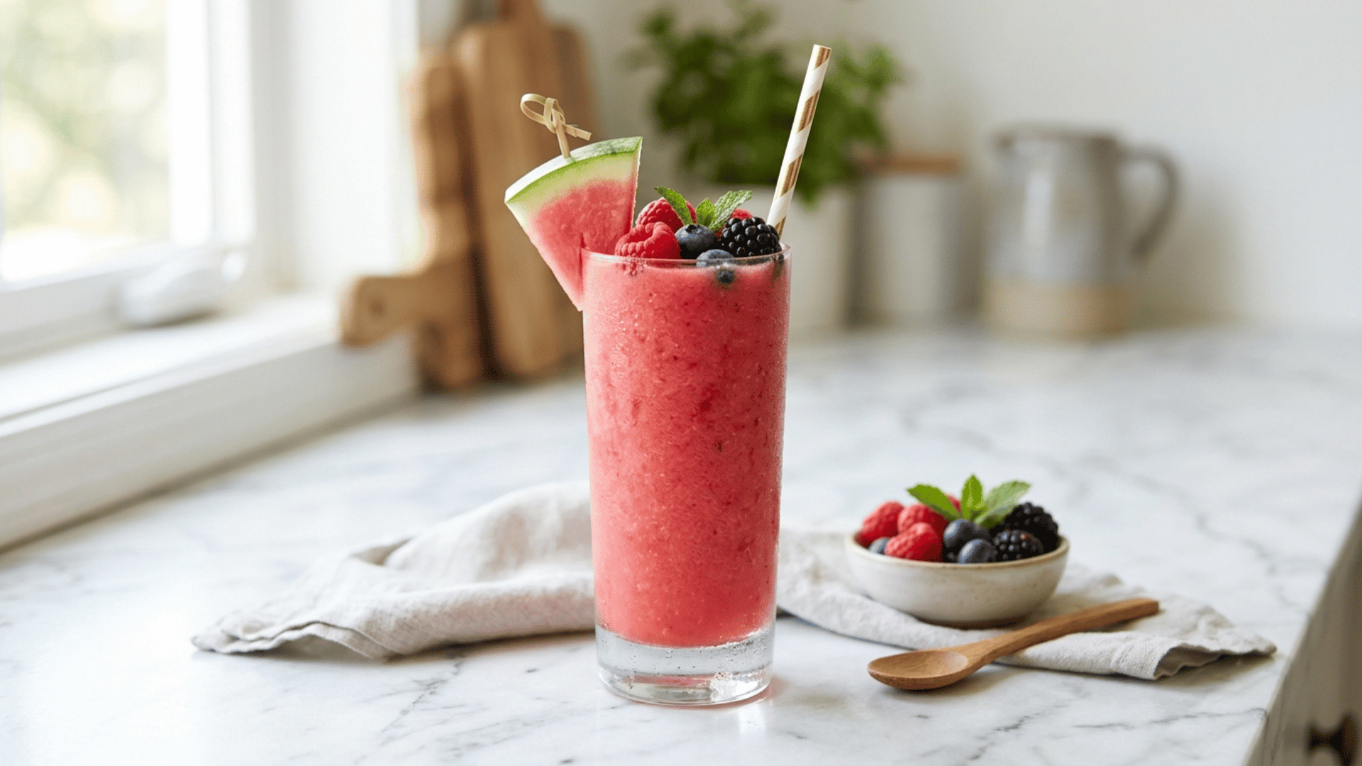watermelon berry smoothie in a glass topped with watermelon wedge