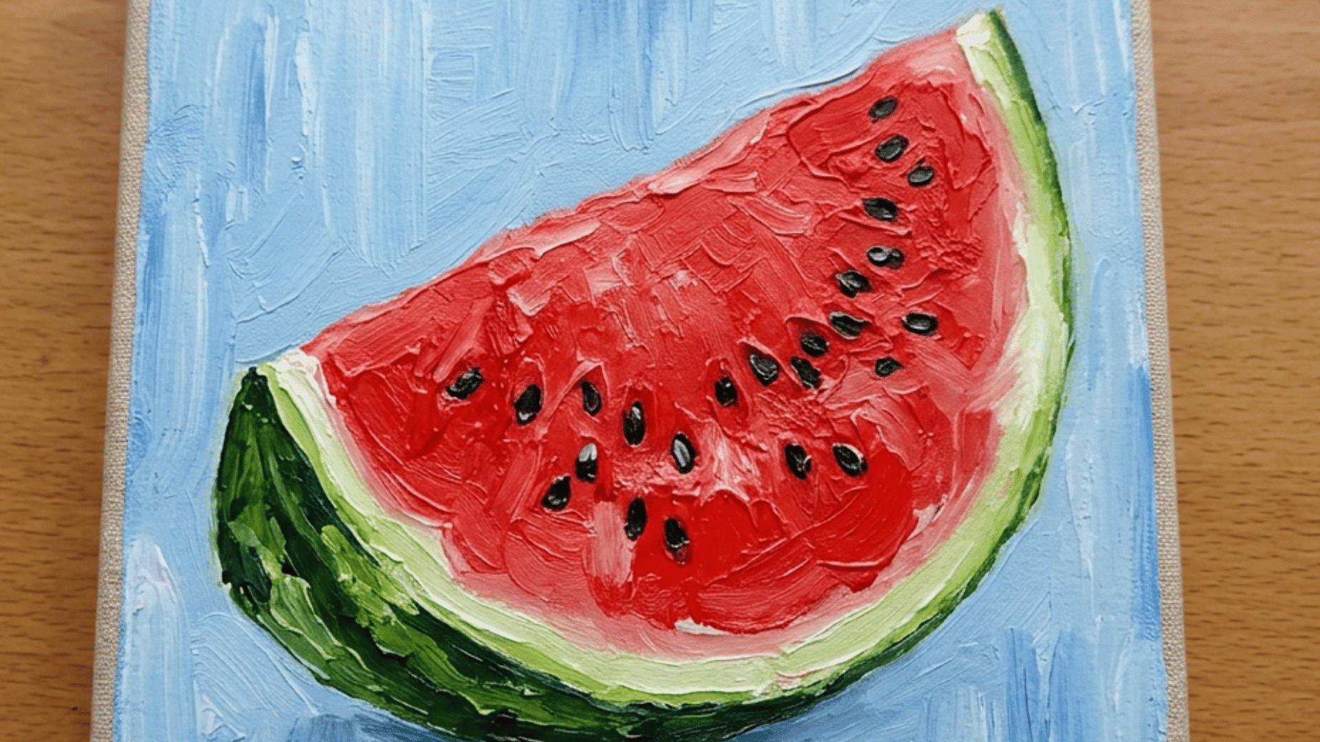 juicy watermelon slice painting with bright red fruit green rind and scattered black seeds for beginners