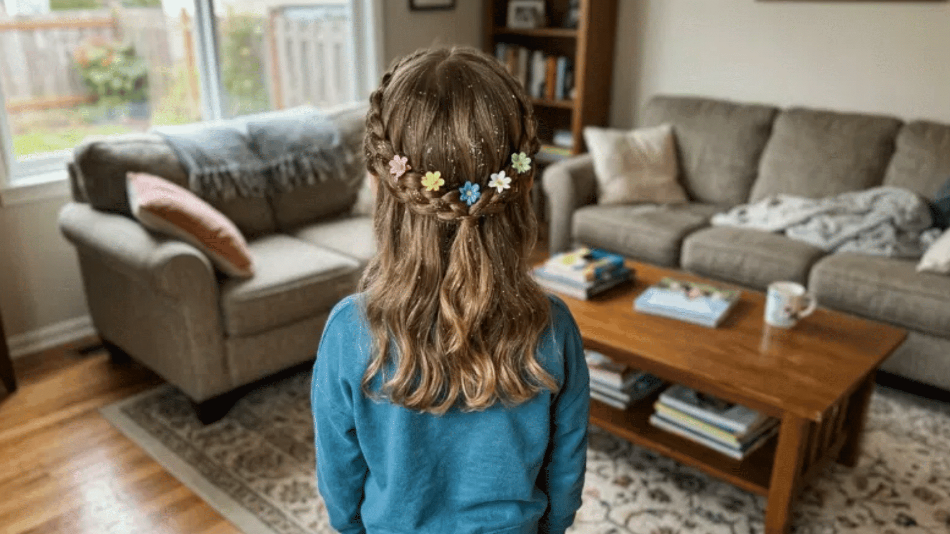 wavy hair with glittery crown braid and pastel flower clips in living room