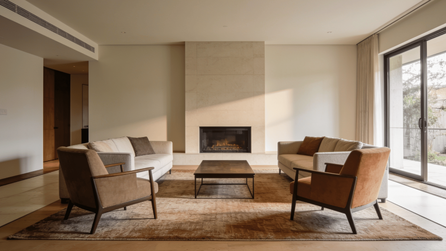 well-arranged living room with a sofa, accent chairs, large rug, coffee table, and clear walking paths