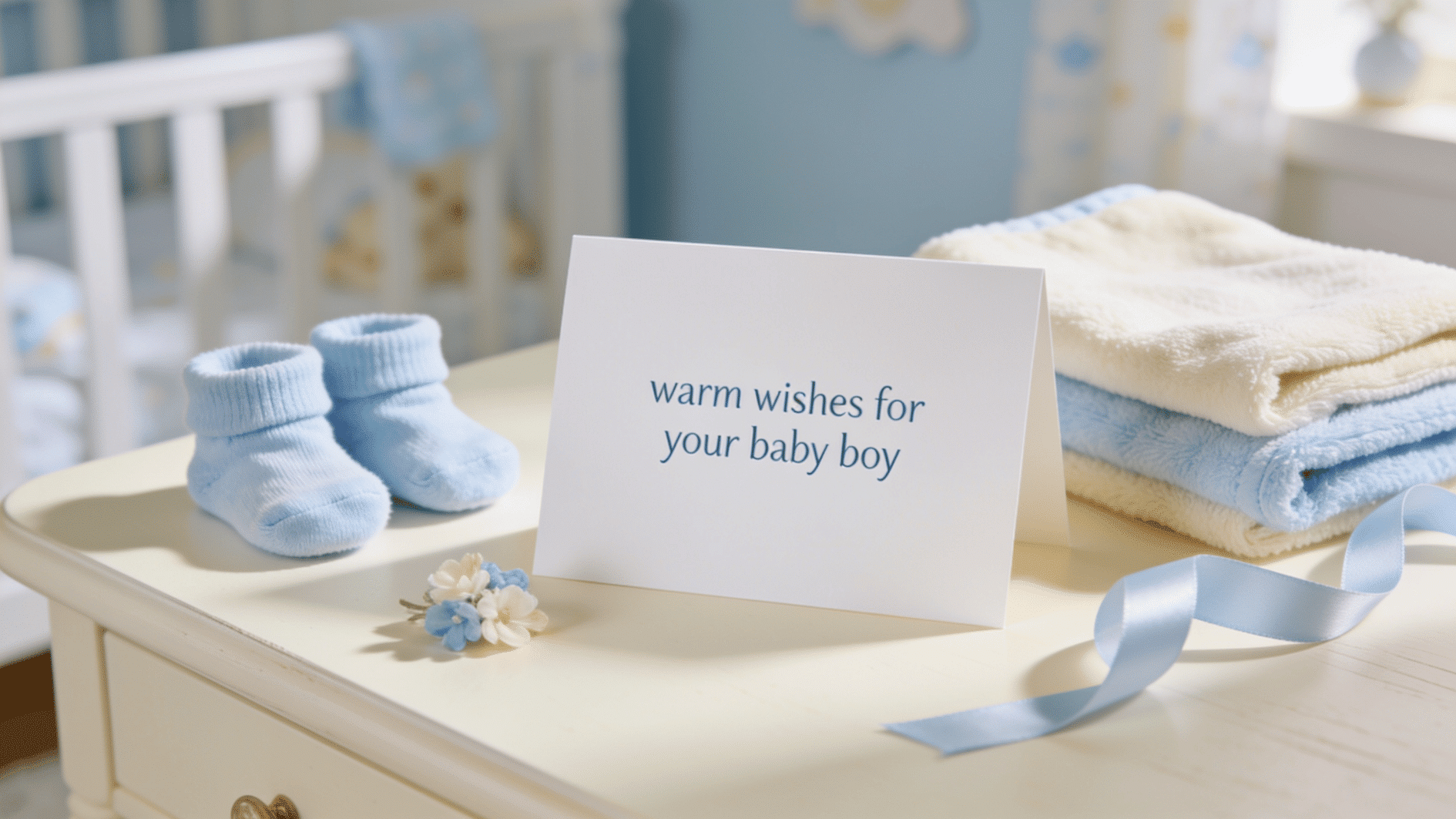 white card reading warm wishes for your baby boy, beside blue booties, towels, and ribbon