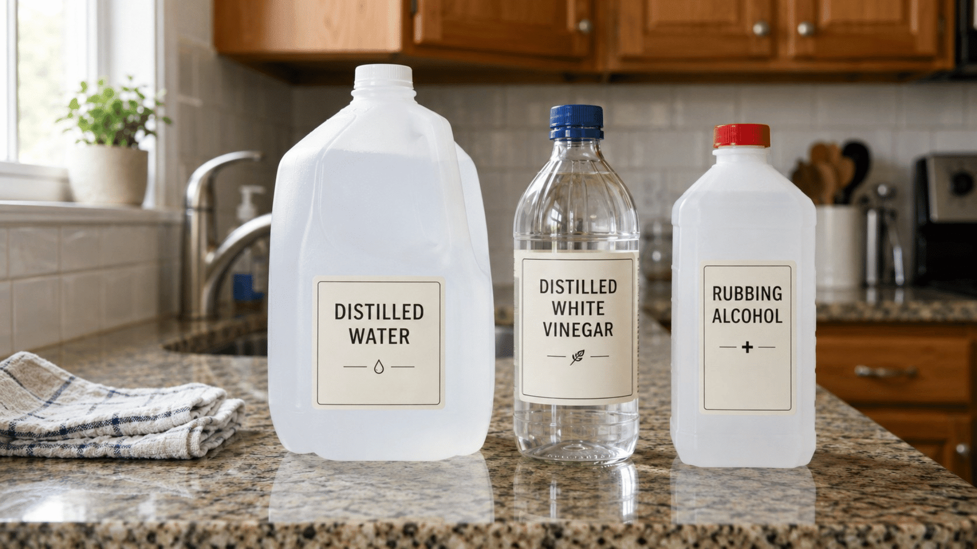 distilled water, white vinegar, and rubbing alcohol on a kitchen counter, ingredients for a streak-free window cleaner