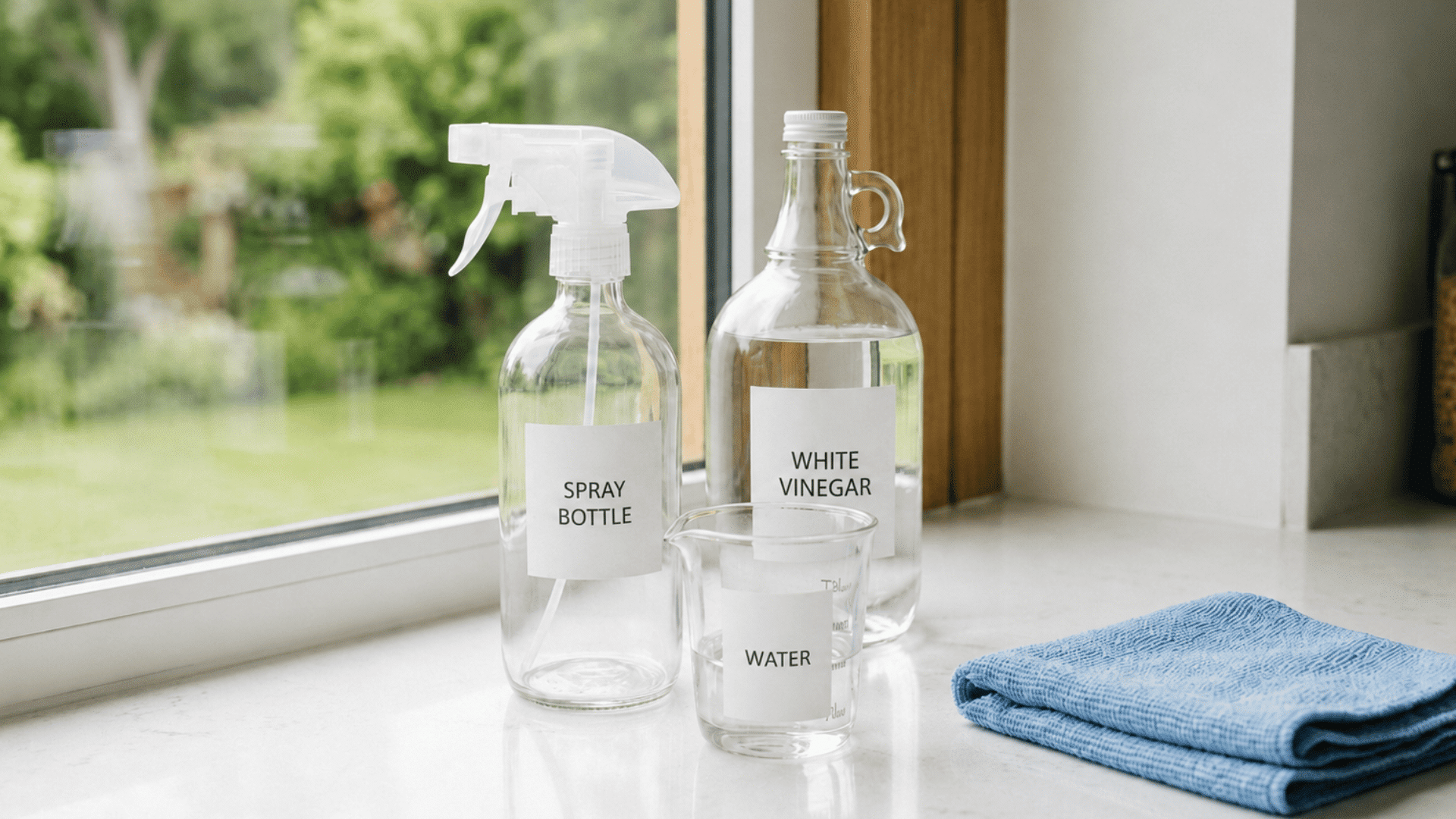 a spray bottle, white vinegar, water, and a blue cloth on a windowsill, ingredients for a diy window cleaner