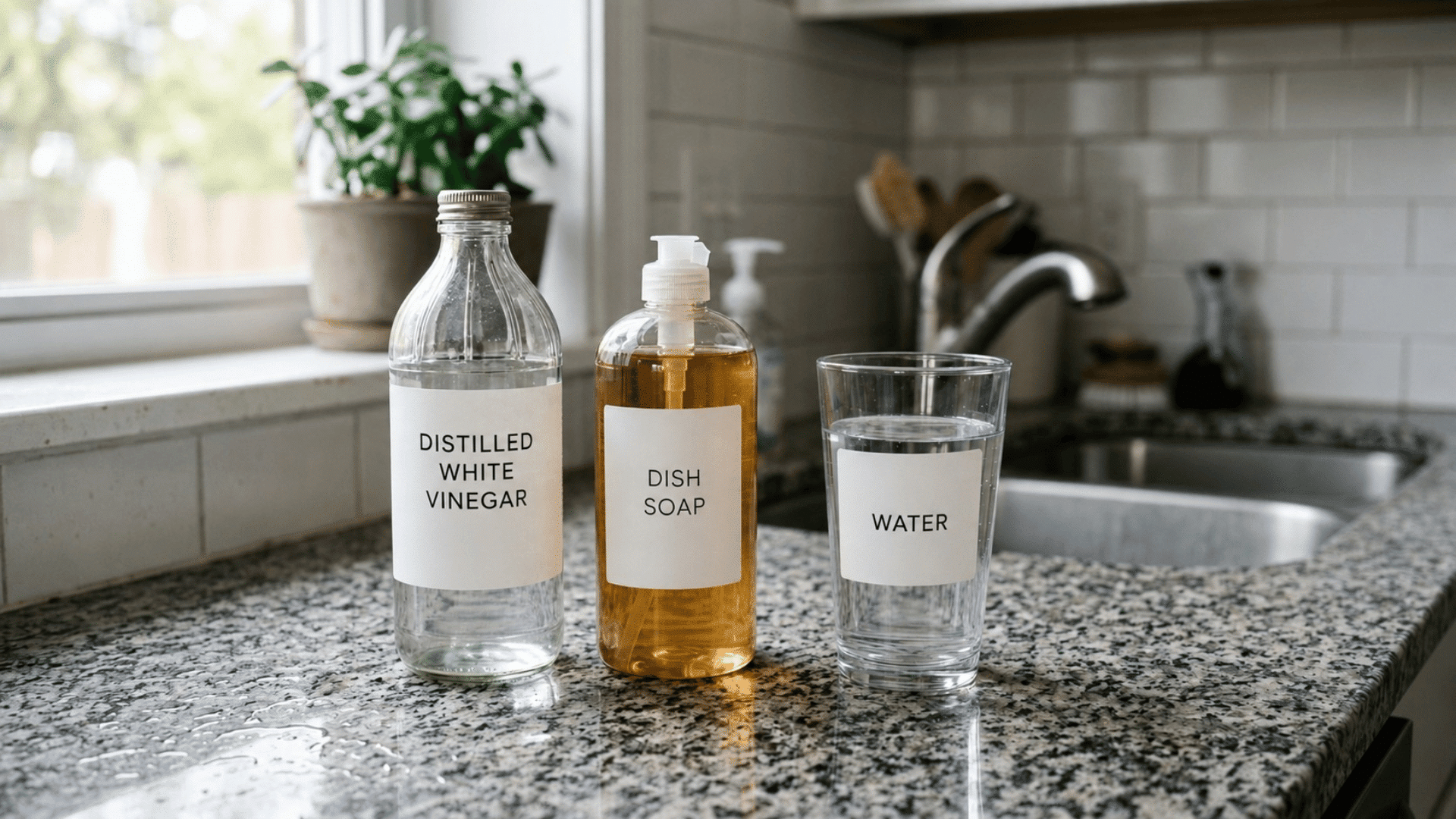 distilled white vinegar, dish soap, and water on a kitchen counter, ingredients for a diy window cleaner