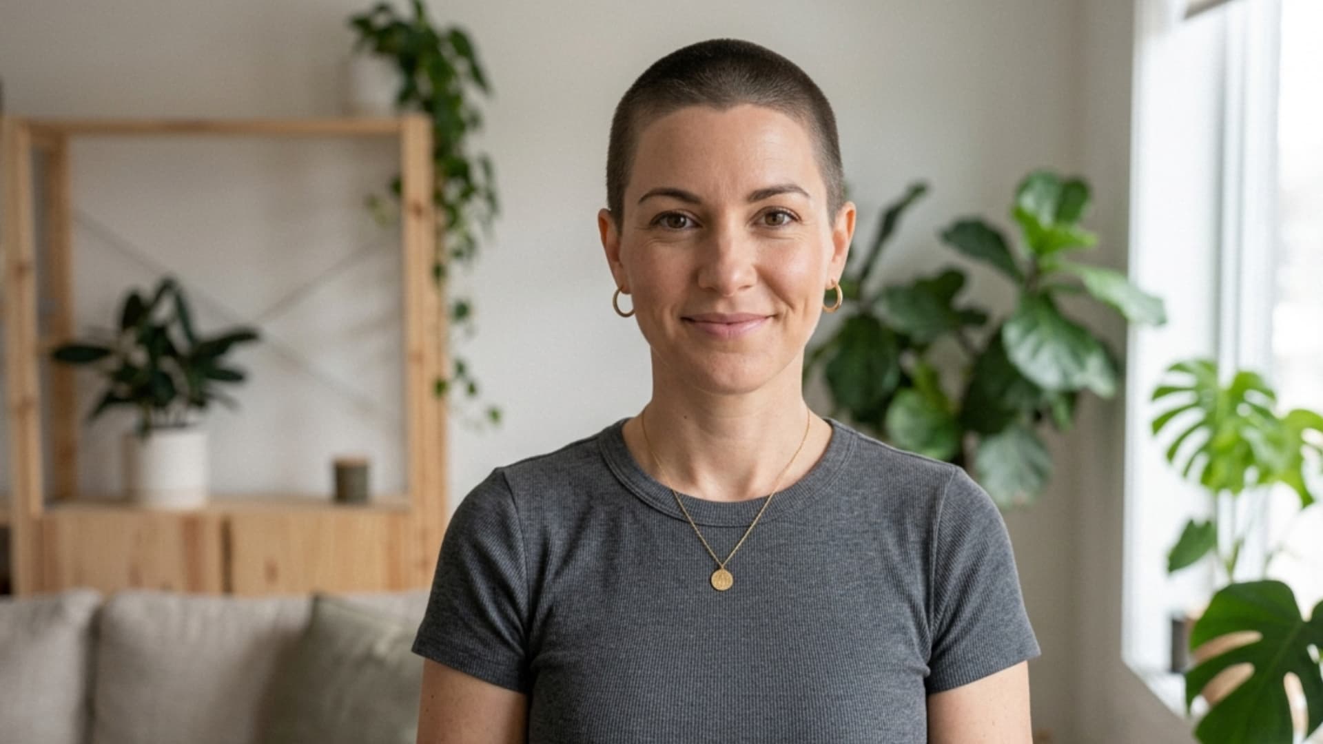 white woman with a clean buzz cut featuring subtle clipper texture and a natural hairline shape