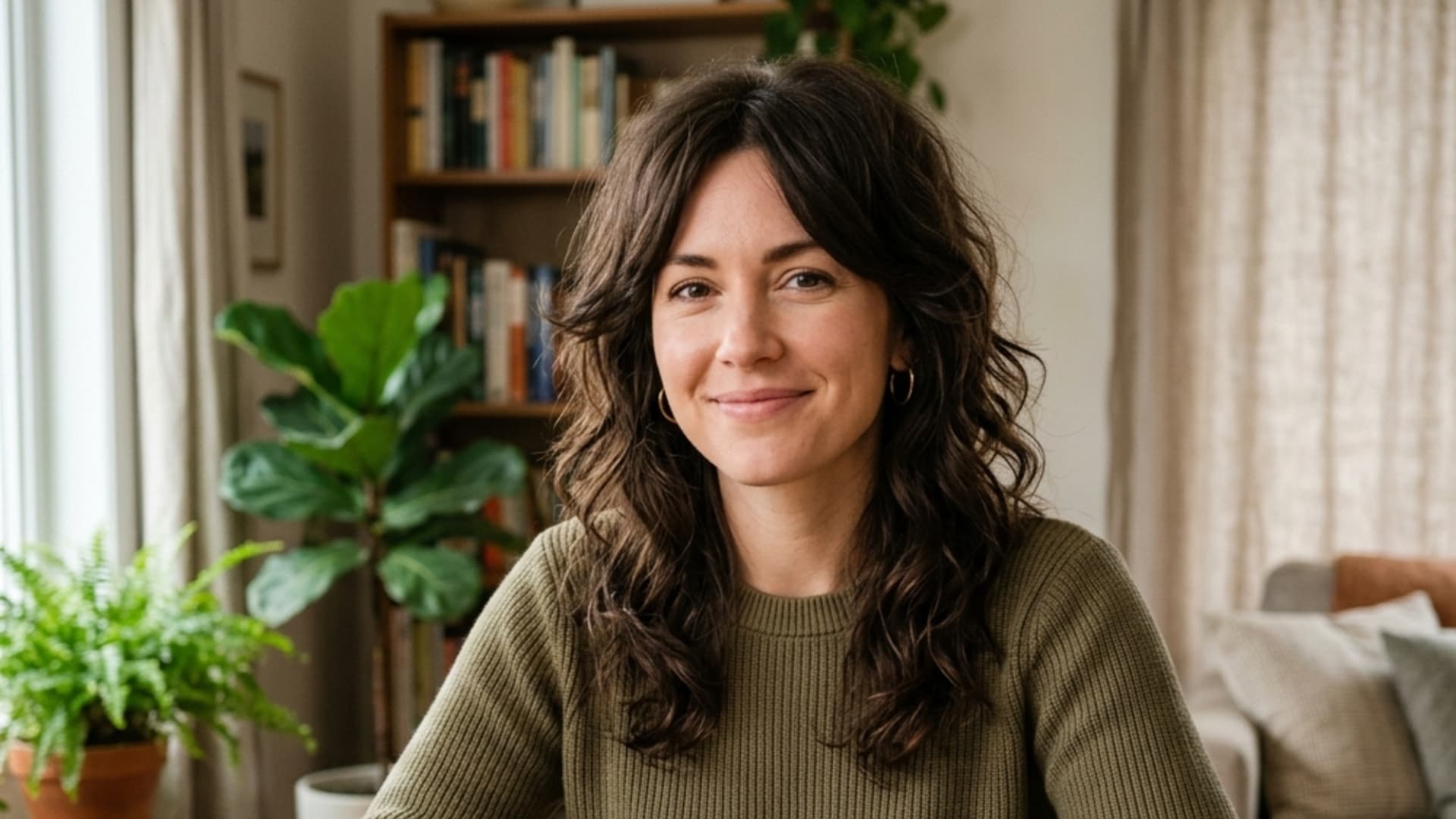 white woman with a medium shag featuring soft crown layers face framing pieces and natural waves