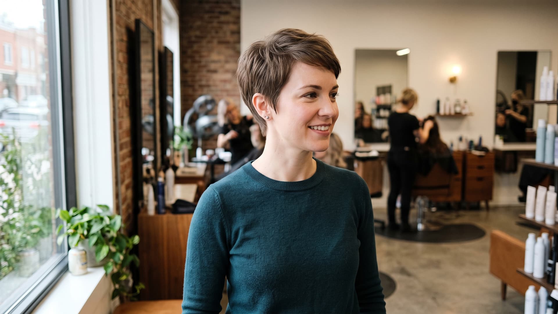 white woman with a softly textured brown pixie cut photographed in a bright modern salon (1)