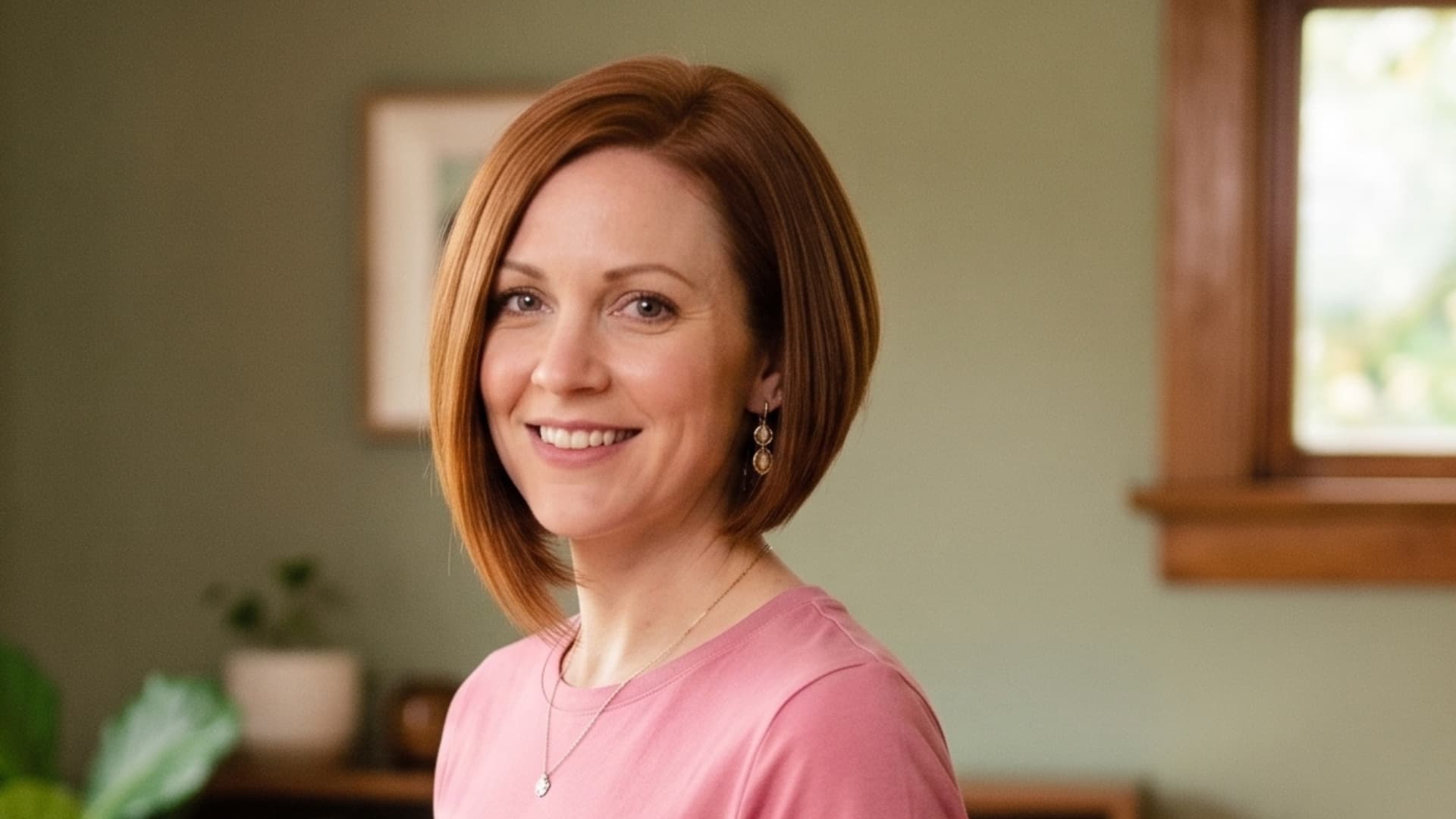 white woman with a subtle angled auburn bob that is shorter at the back and longer at the front