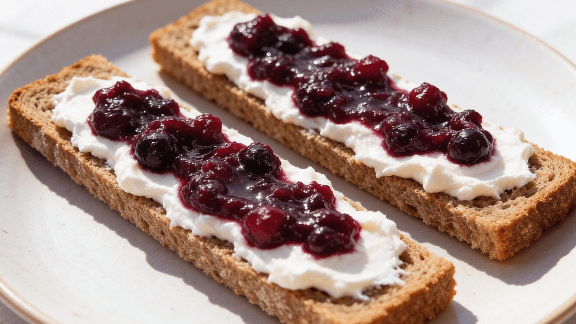 Whole-grain toast strips spread with creamy ricotta and mashed soft berries