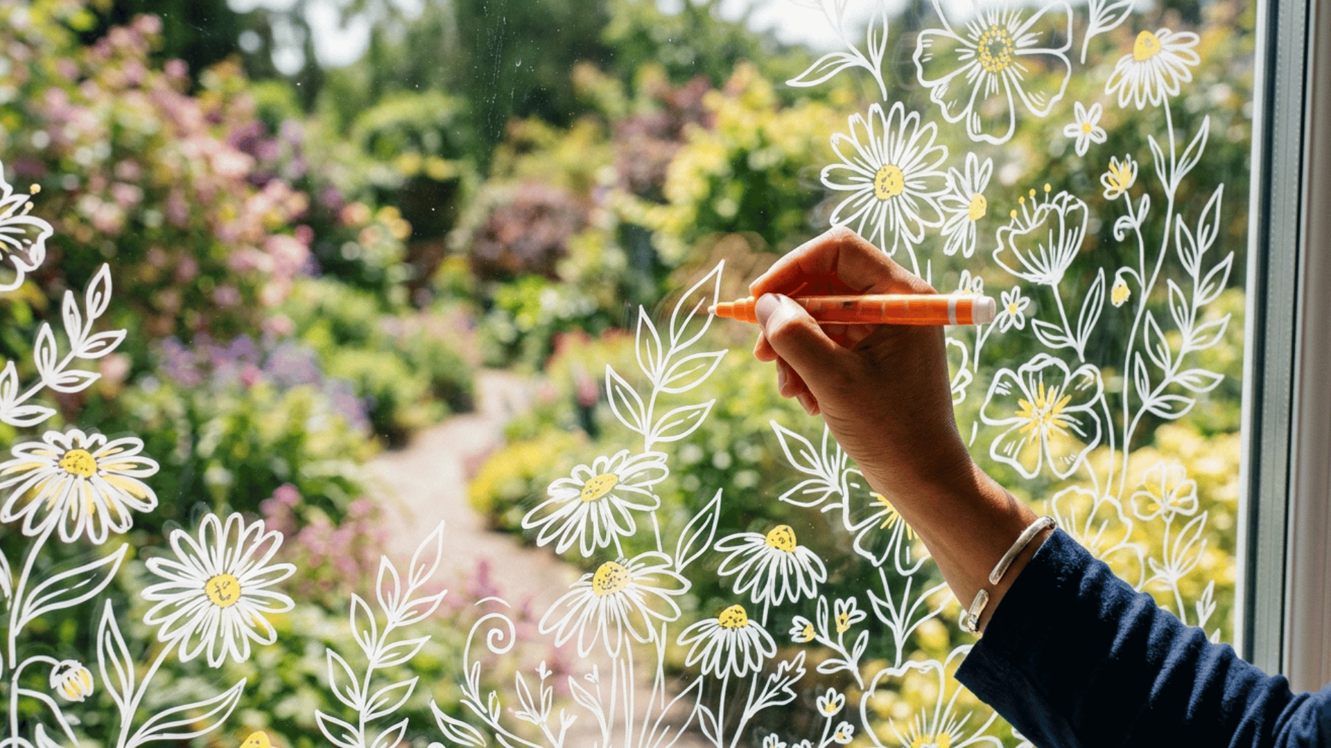 a person drawing white floral illustrations on a clear glass window overlooking a vibrant green garden