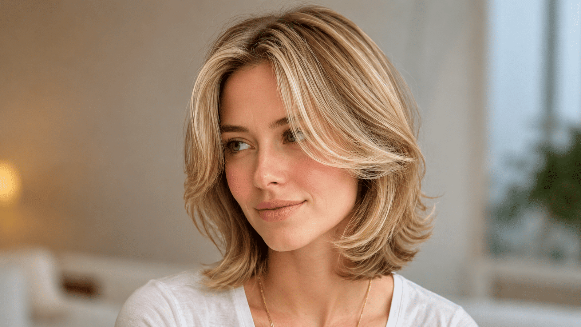 woman with blonde layered shoulder-length hair wearing a white shirt in a soft indoor setting