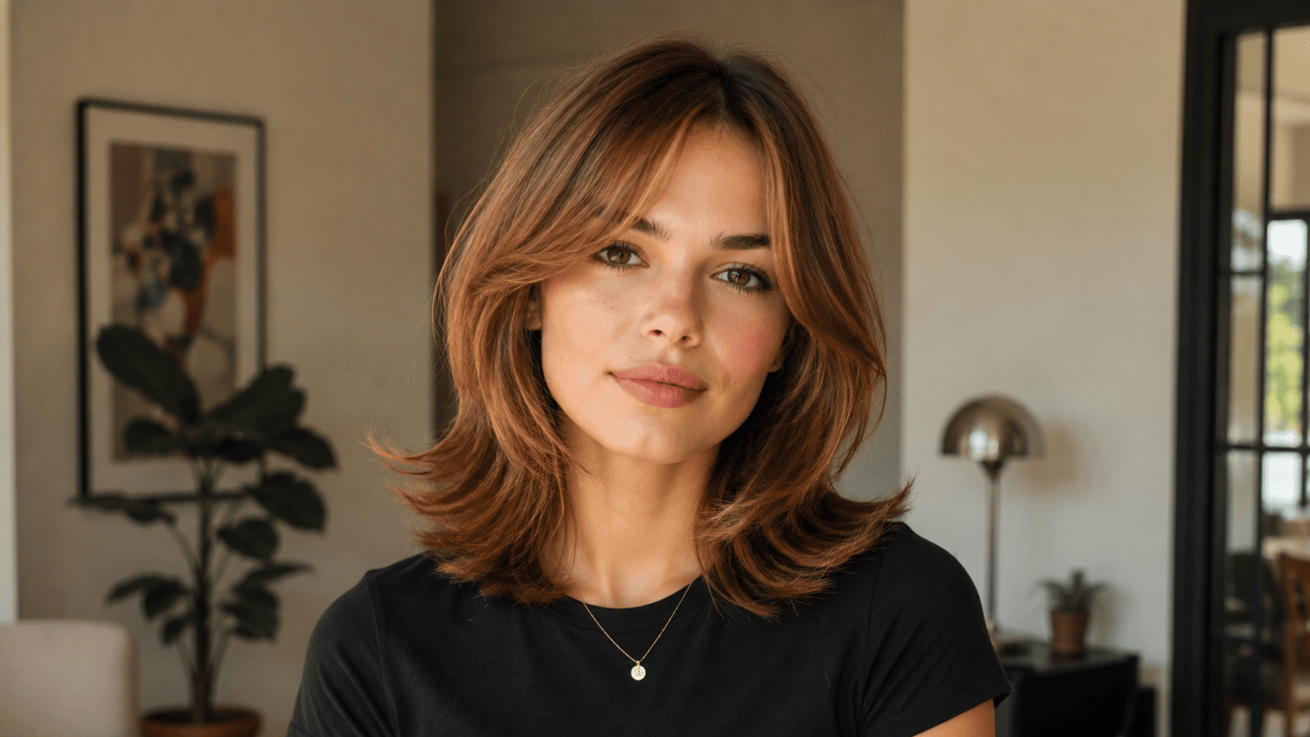 woman with copper layered shoulder-length hair wearing a black top in a warm modern room