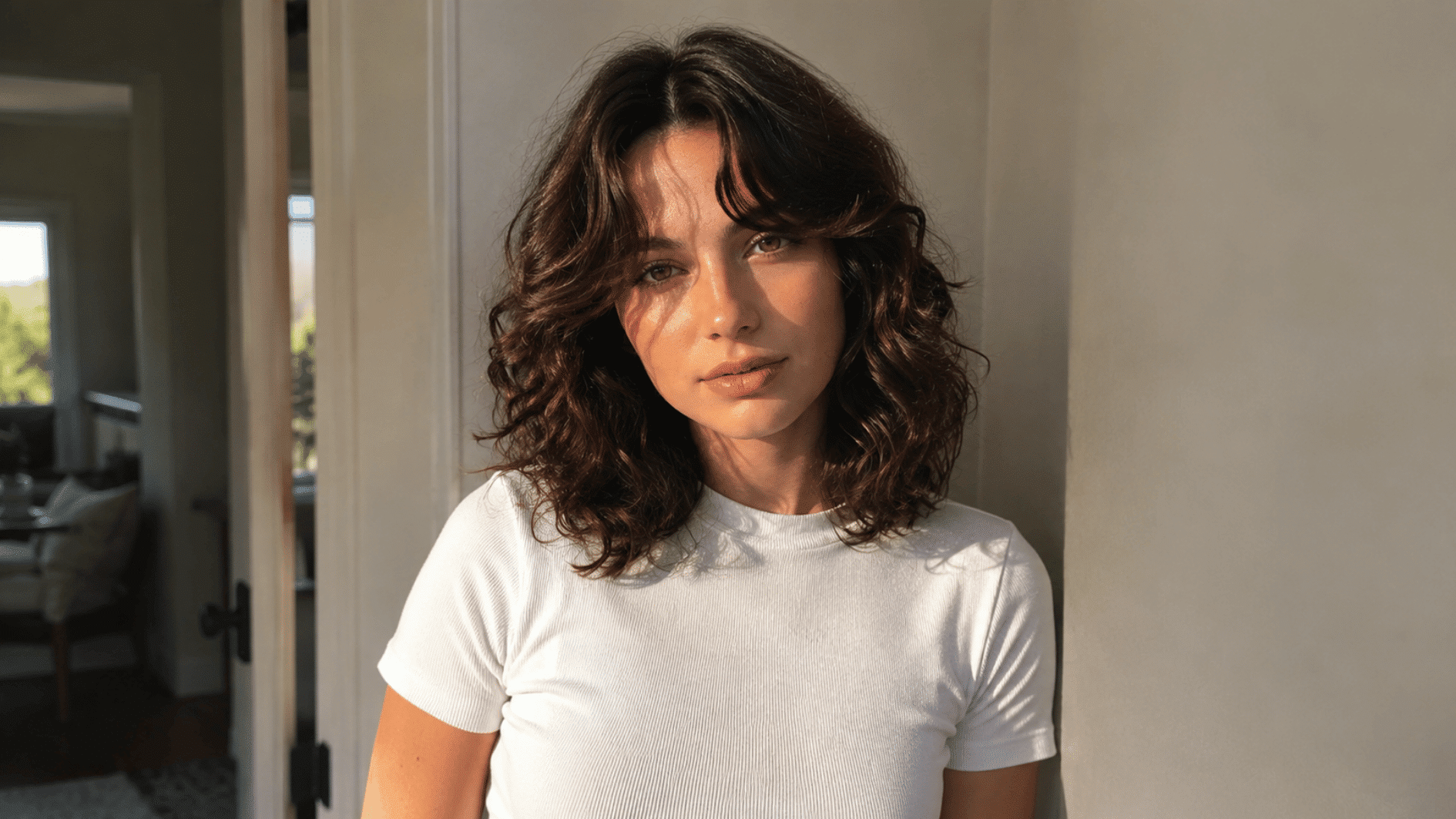 woman with curly shoulder-length brown hair wearing a white shirt in warm indoor sunlight