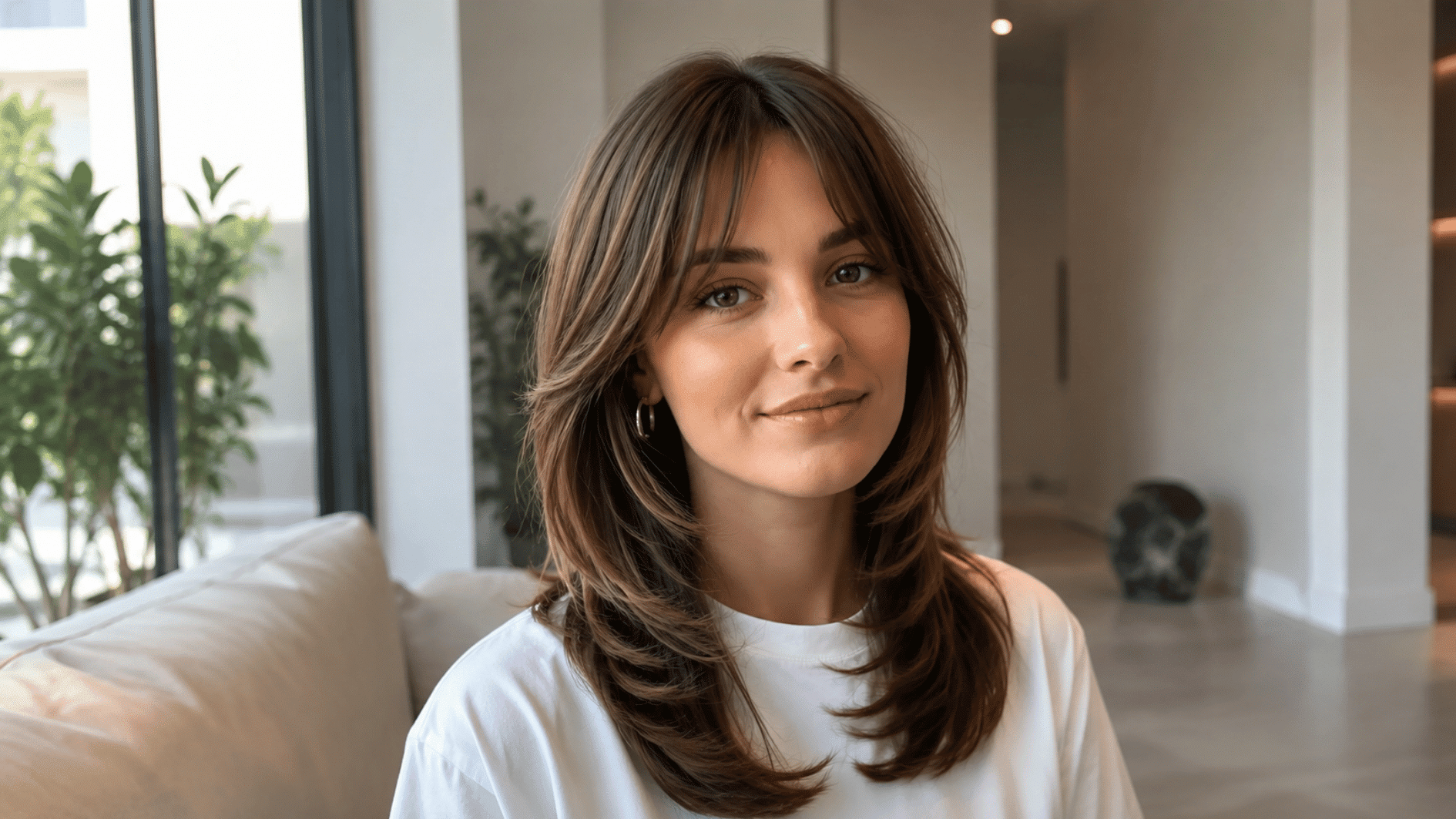 woman with layered brown hair and curtain bangs wearing a white shirt in a bright modern room