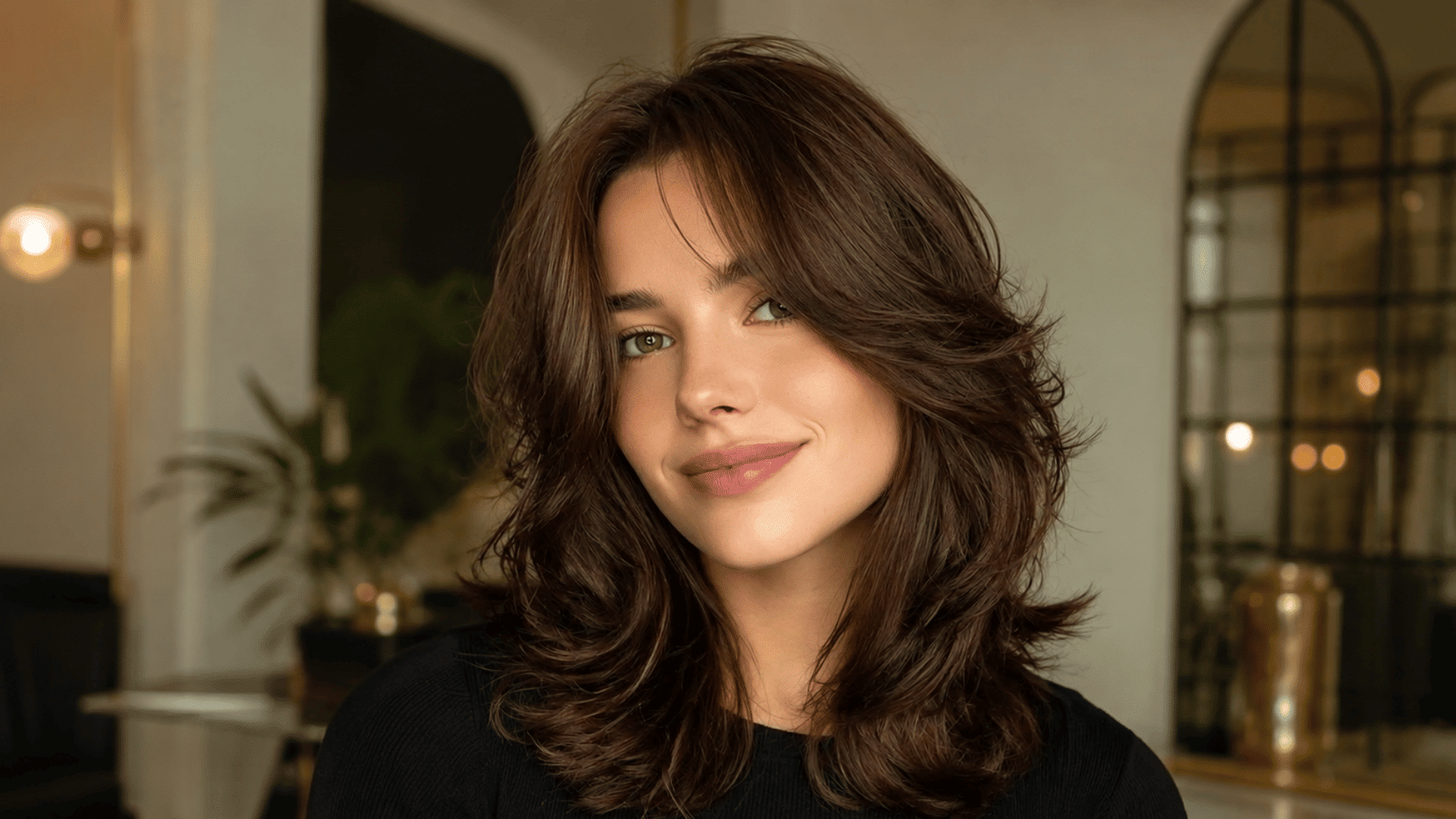 woman with layered brown shoulder-length hair wearing a black top in a warm indoor setting