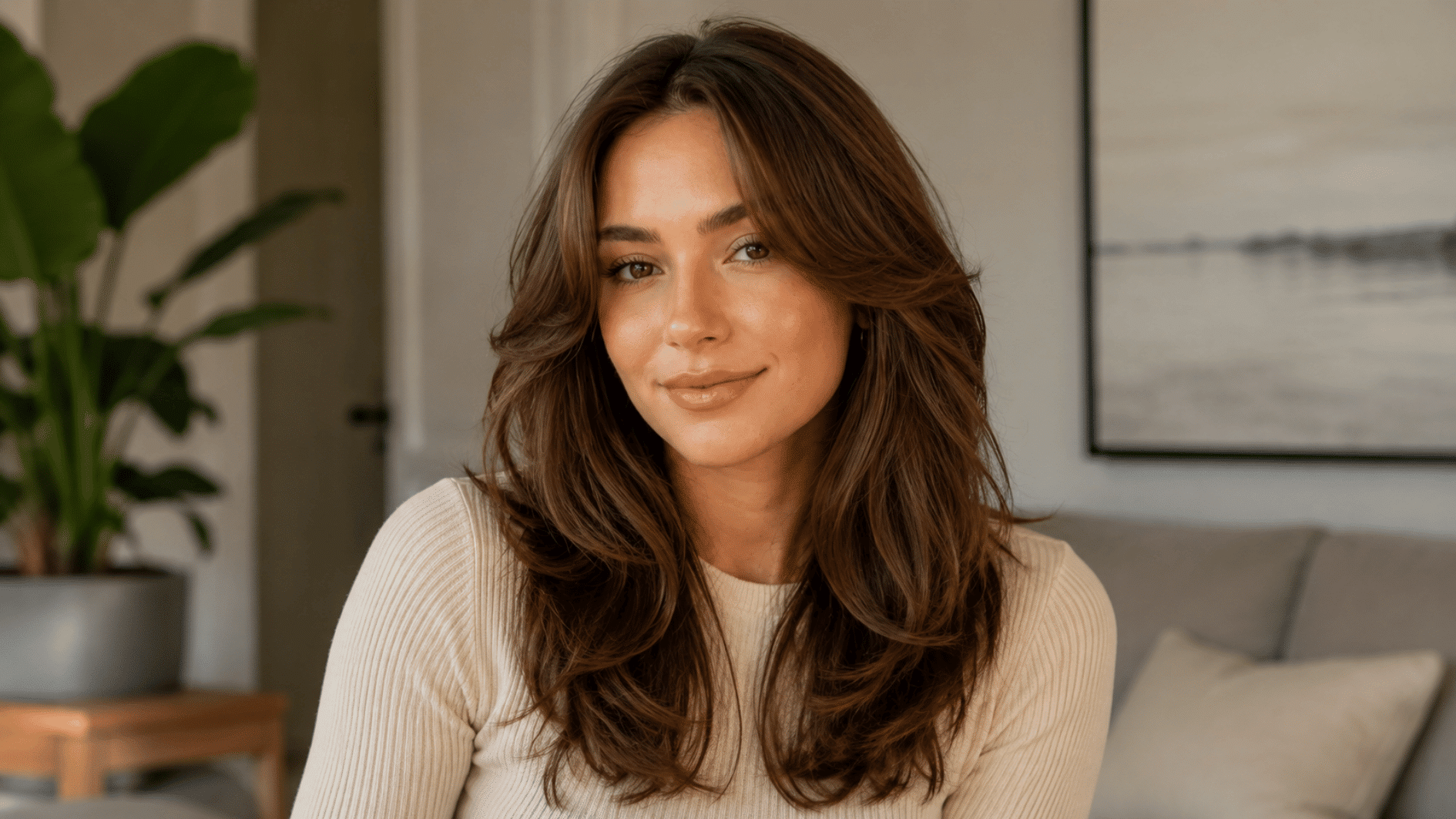 woman with long layered brown hair wearing a cream sweater in a cozy indoor living room with plant