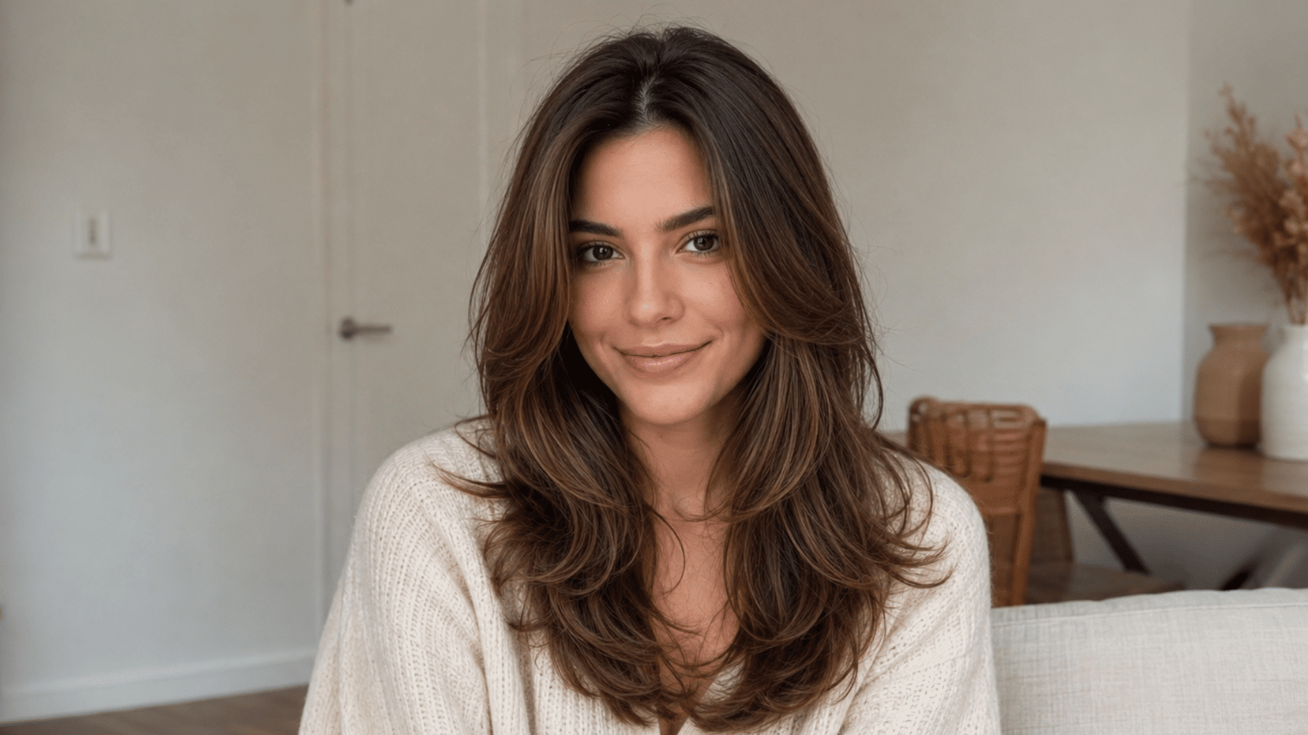 woman with long layered brown hair wearing a cream sweater in a cozy neutral living room
