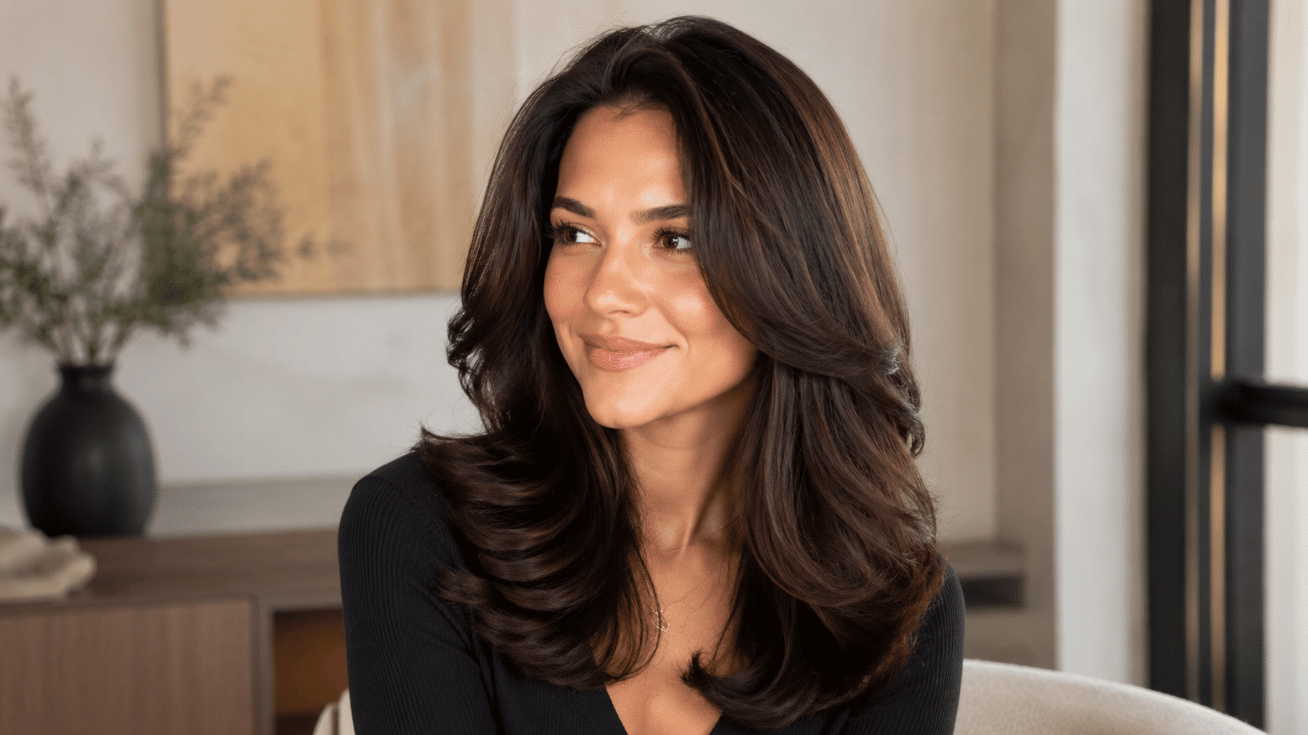 woman with long layered dark brown hair wearing a black top in a warm neutral indoor room