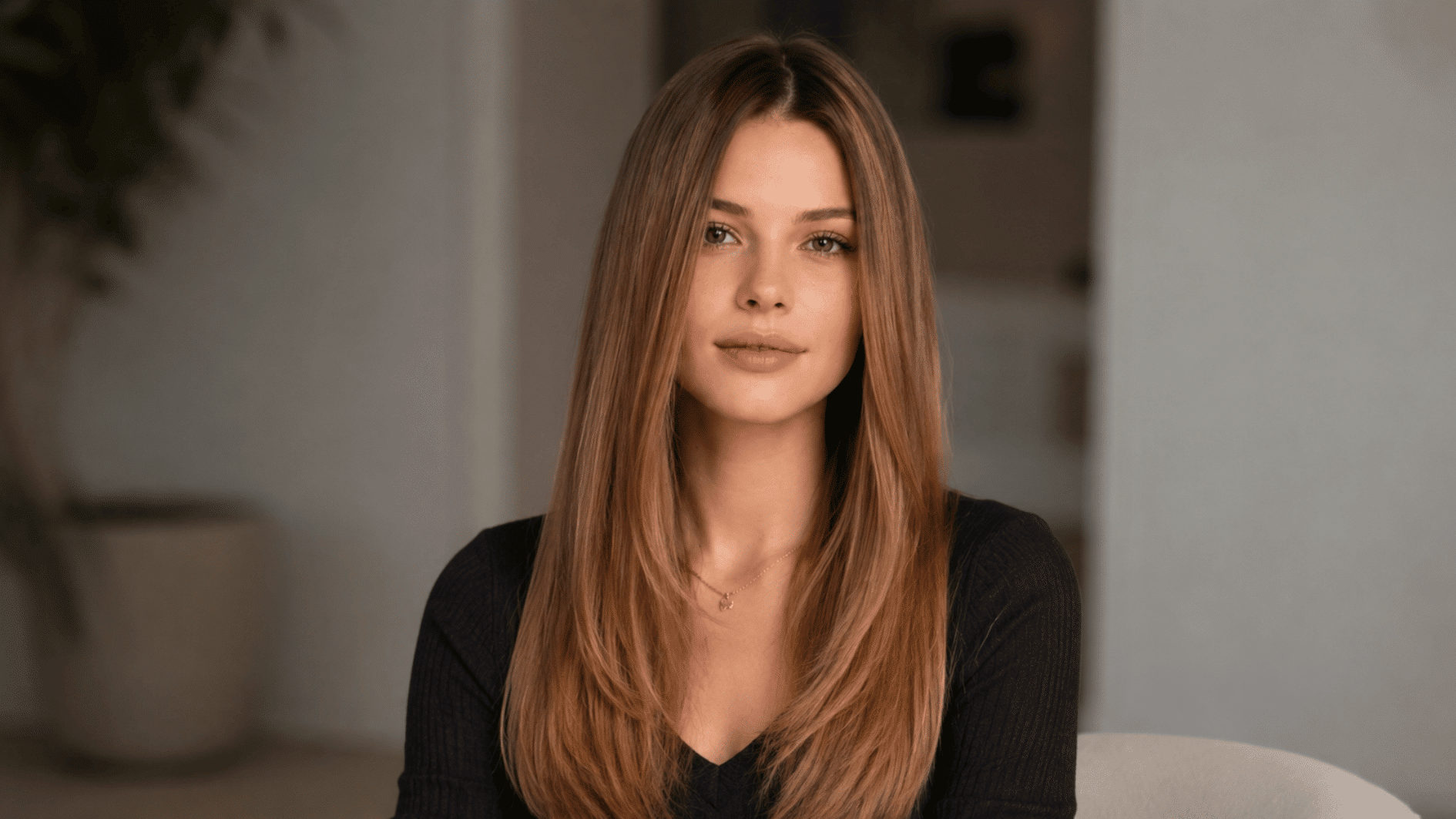 woman with long straight auburn hair wearing a black top in a soft neutral indoor room