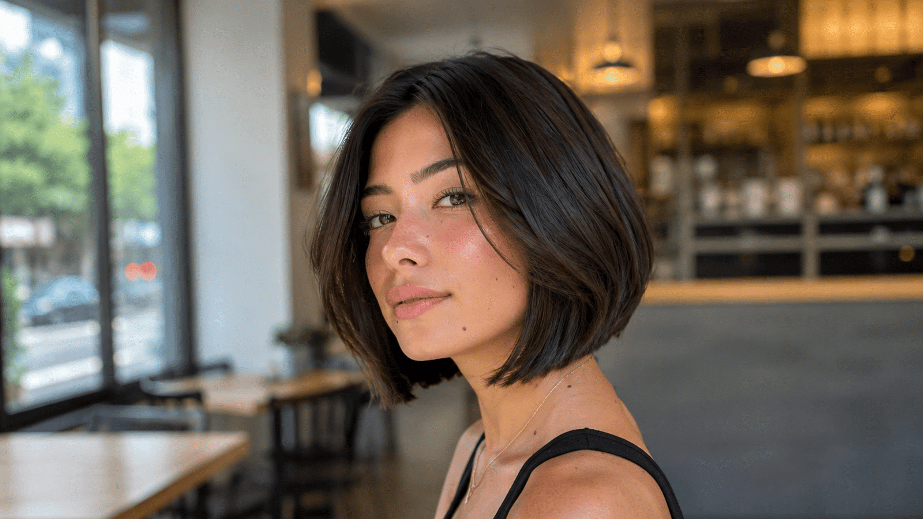 woman with short angled bob haircut wearing a black top inside a softly lit modern cafe