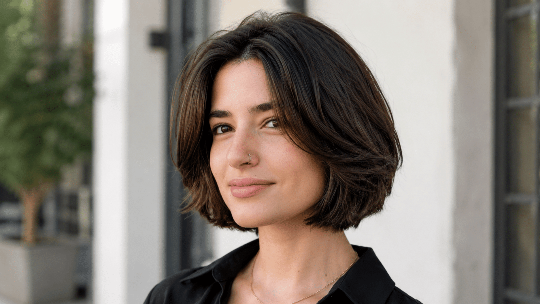 woman with short layered bob haircut wearing a black shirt near modern outdoor windows