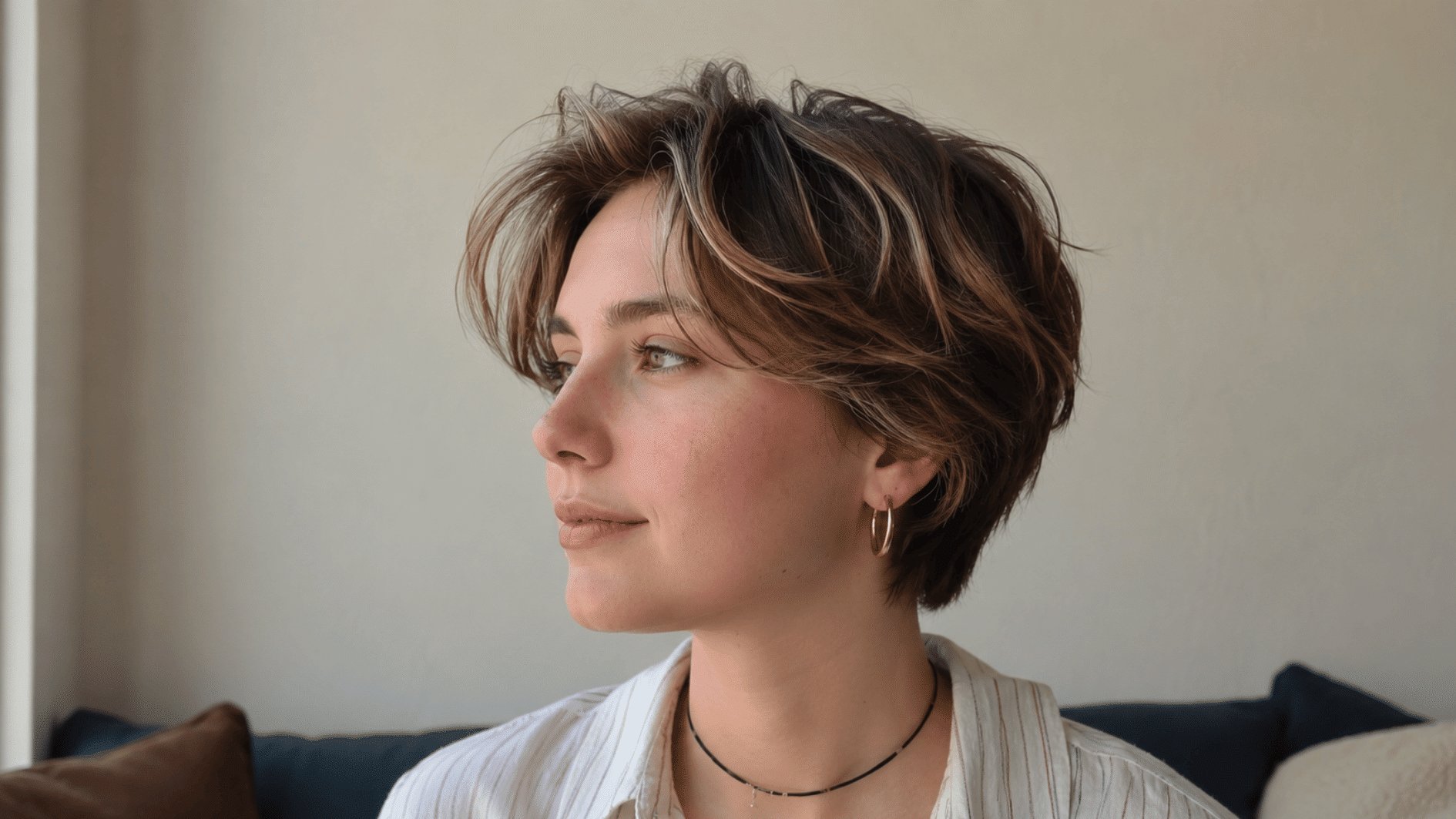 woman with short wavy highlighted pixie haircut wearing a white shirt in a soft indoor setting