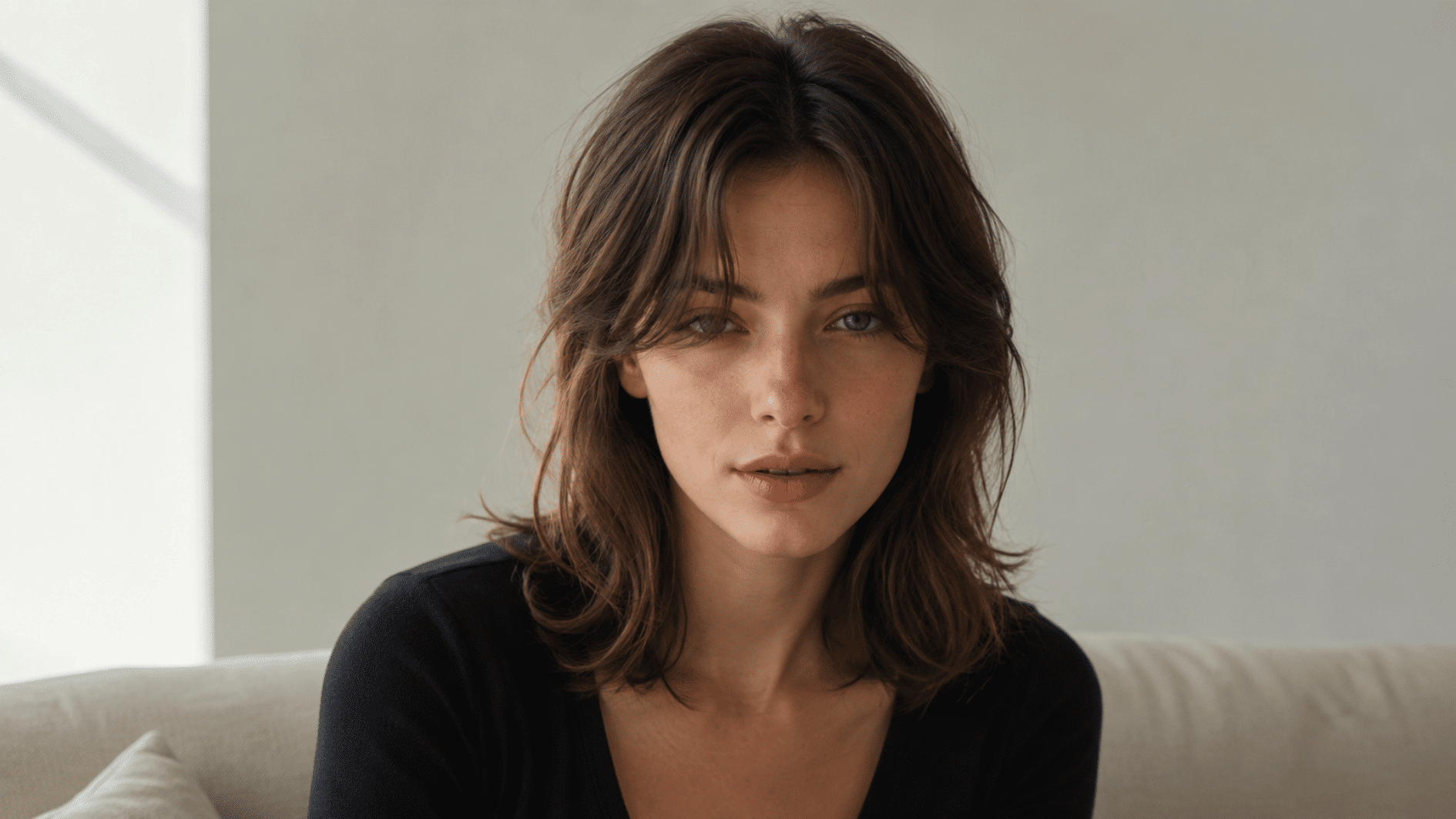 woman with shoulder-length wavy brown hair wearing a black top on a soft neutral indoor sofa