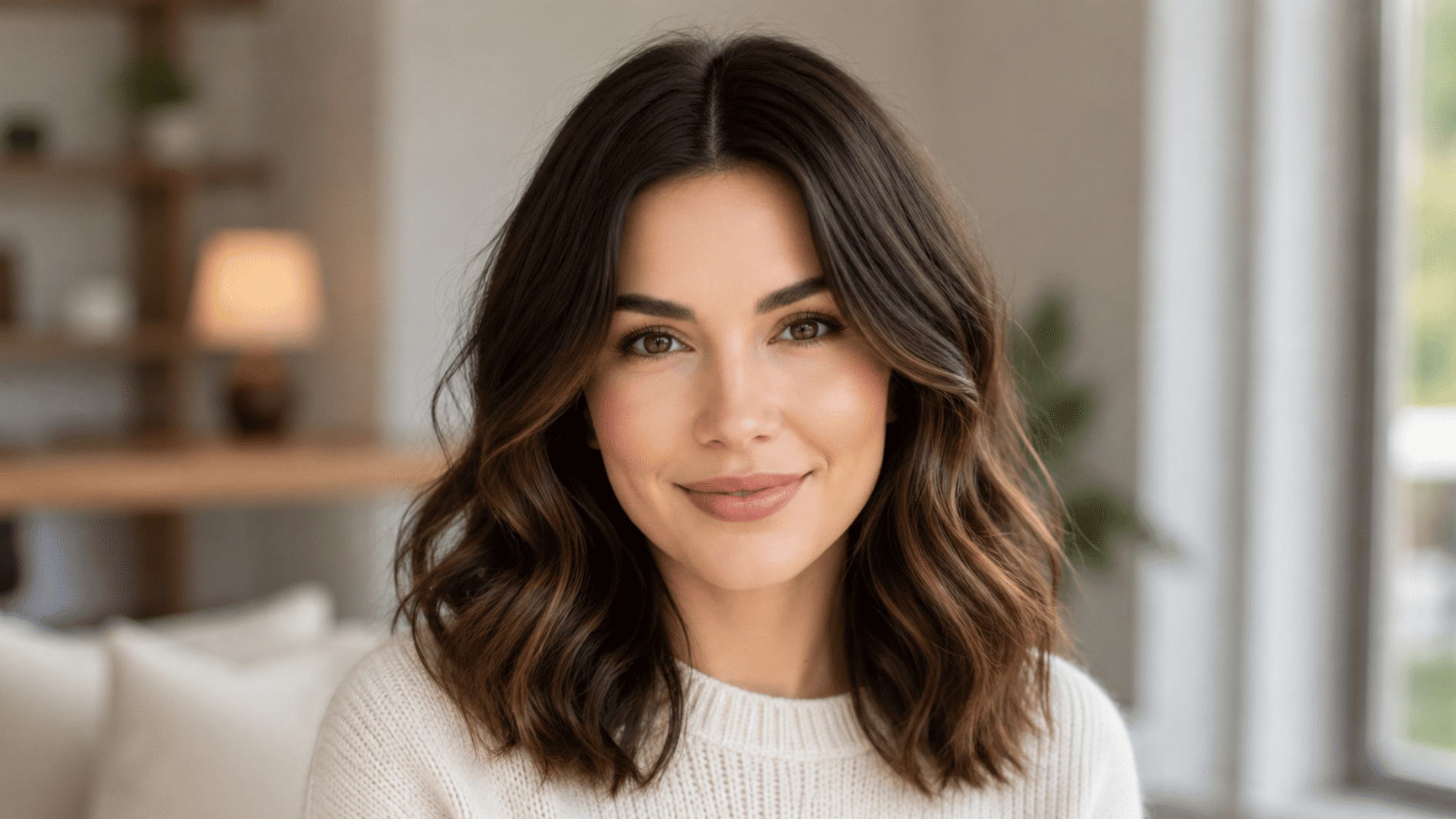 woman with shoulder-length wavy brown hair wearing a cream sweater in a soft indoor room