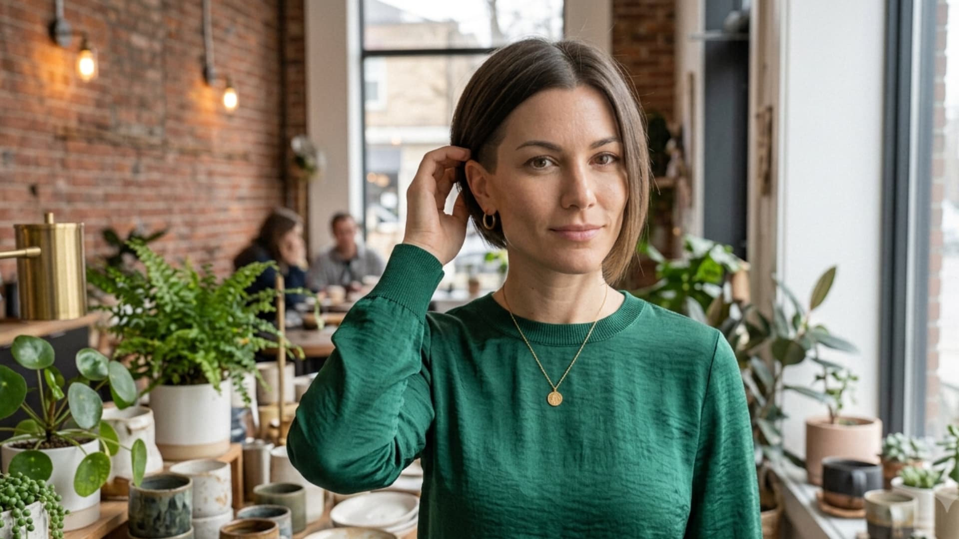 woman with thick hair styled in a sleek undercut bob revealing a hidden shaved undercut layer underneath