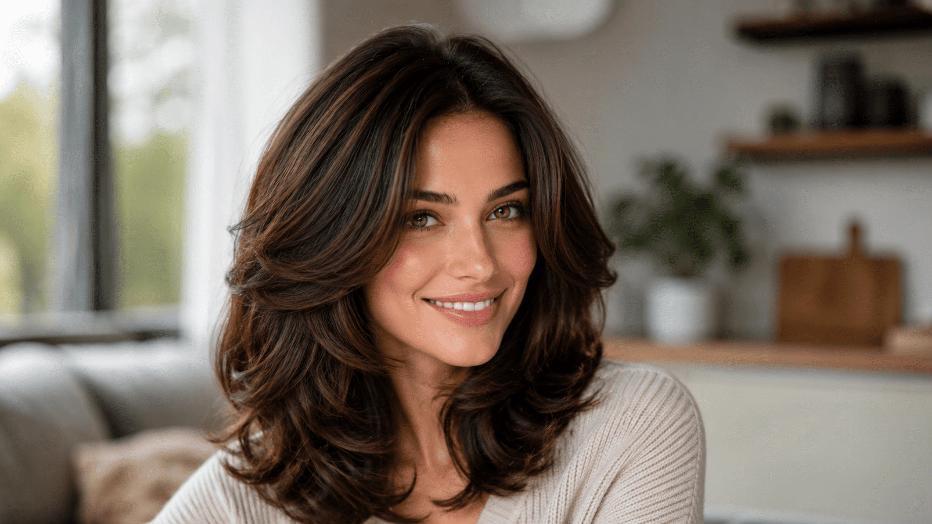 woman with voluminous layered brown hair wearing a cream sweater in a bright cozy indoor kitchen