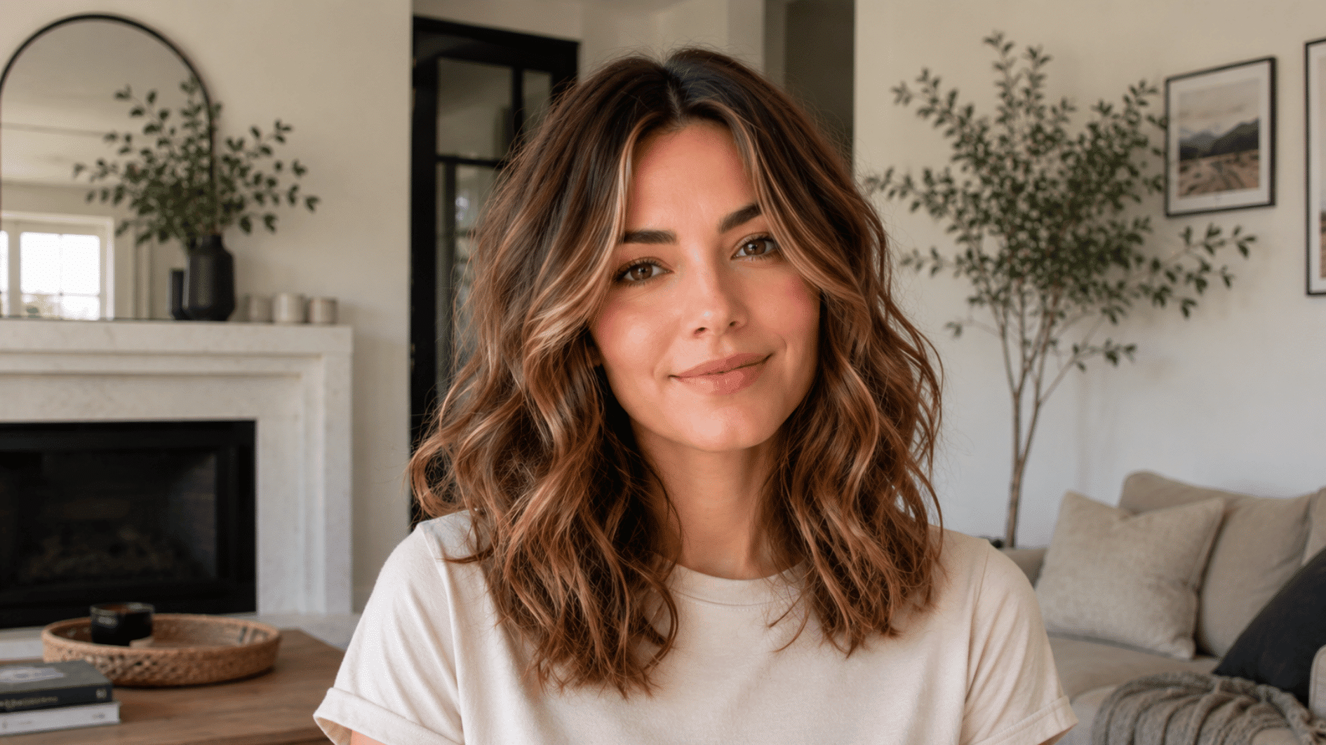 woman with wavy highlighted shoulder-length hair wearing a white shirt in a cozy living room