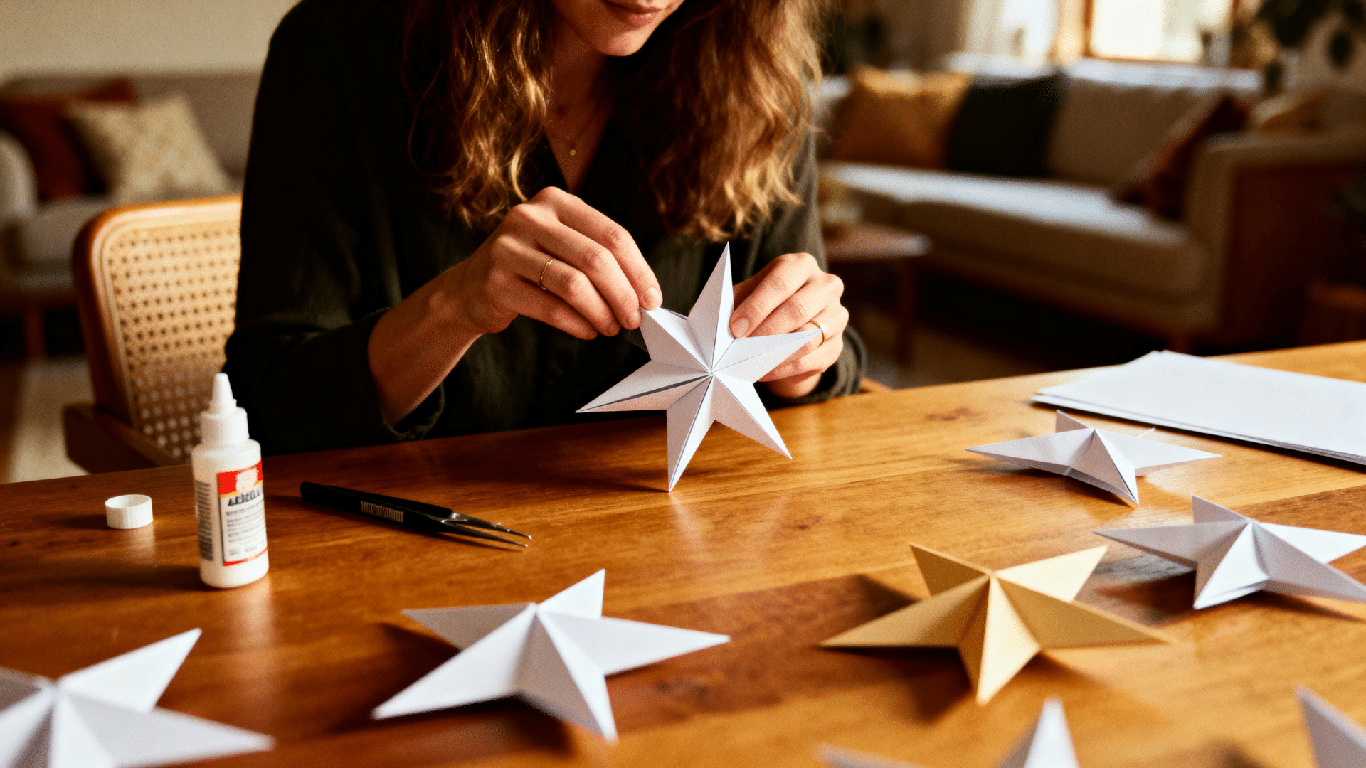 women folding paper of star ornament with precise geometric folds using as a festive hanging decoration.