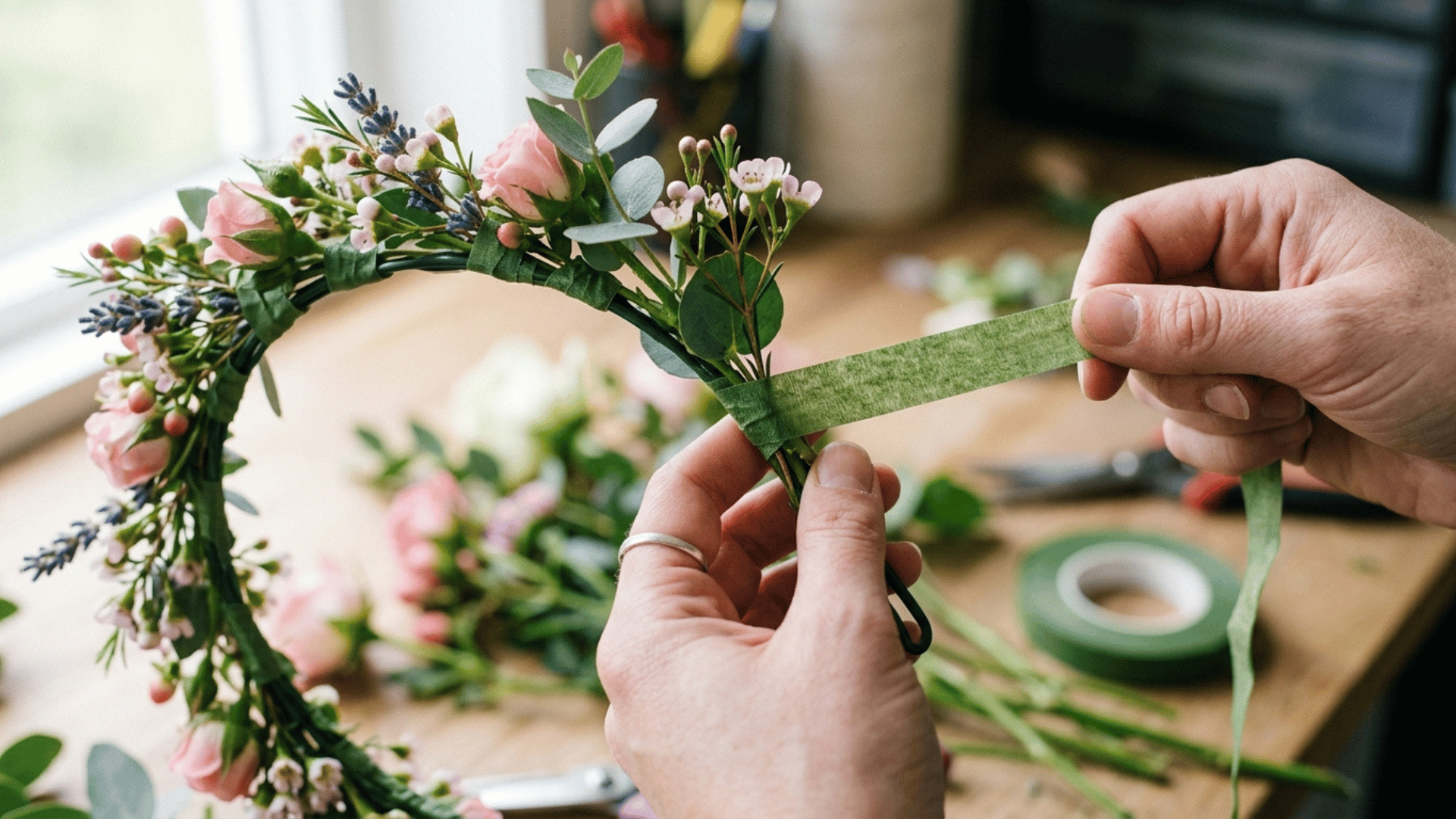 floral tape being wrapped around a flower stem on a crown