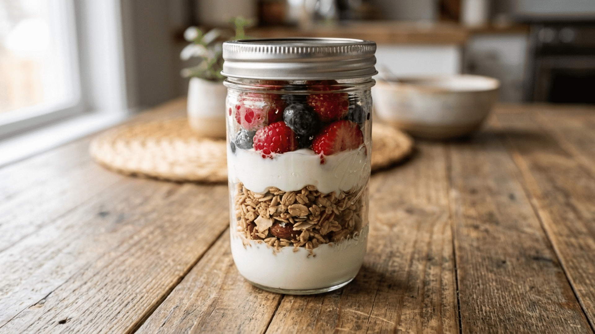 yogurt and granola jar with berries packed in a mint-green lunchbox