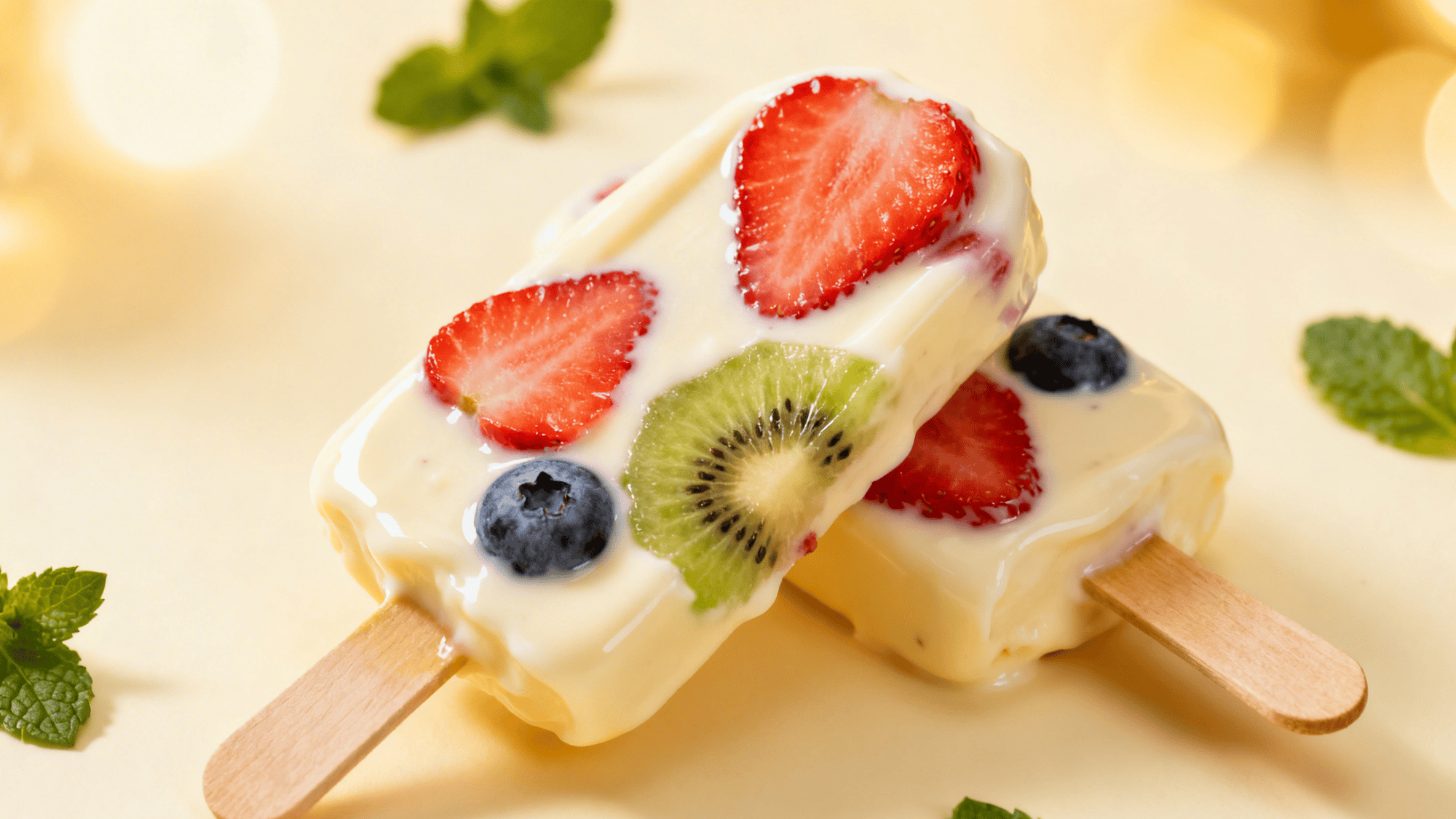 yogurt fruit pops stacked in glass, vibrant mango and blueberry pieces, drips and condensation