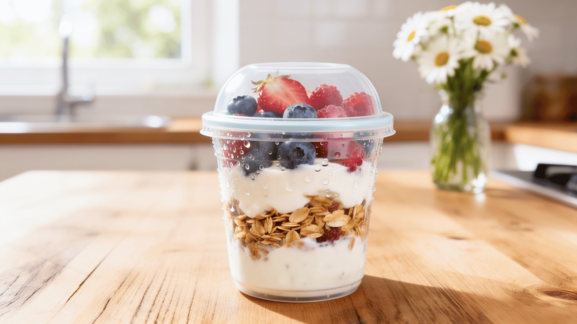 layered yogurt and granola parfait cup in a mint green kids lunchbox