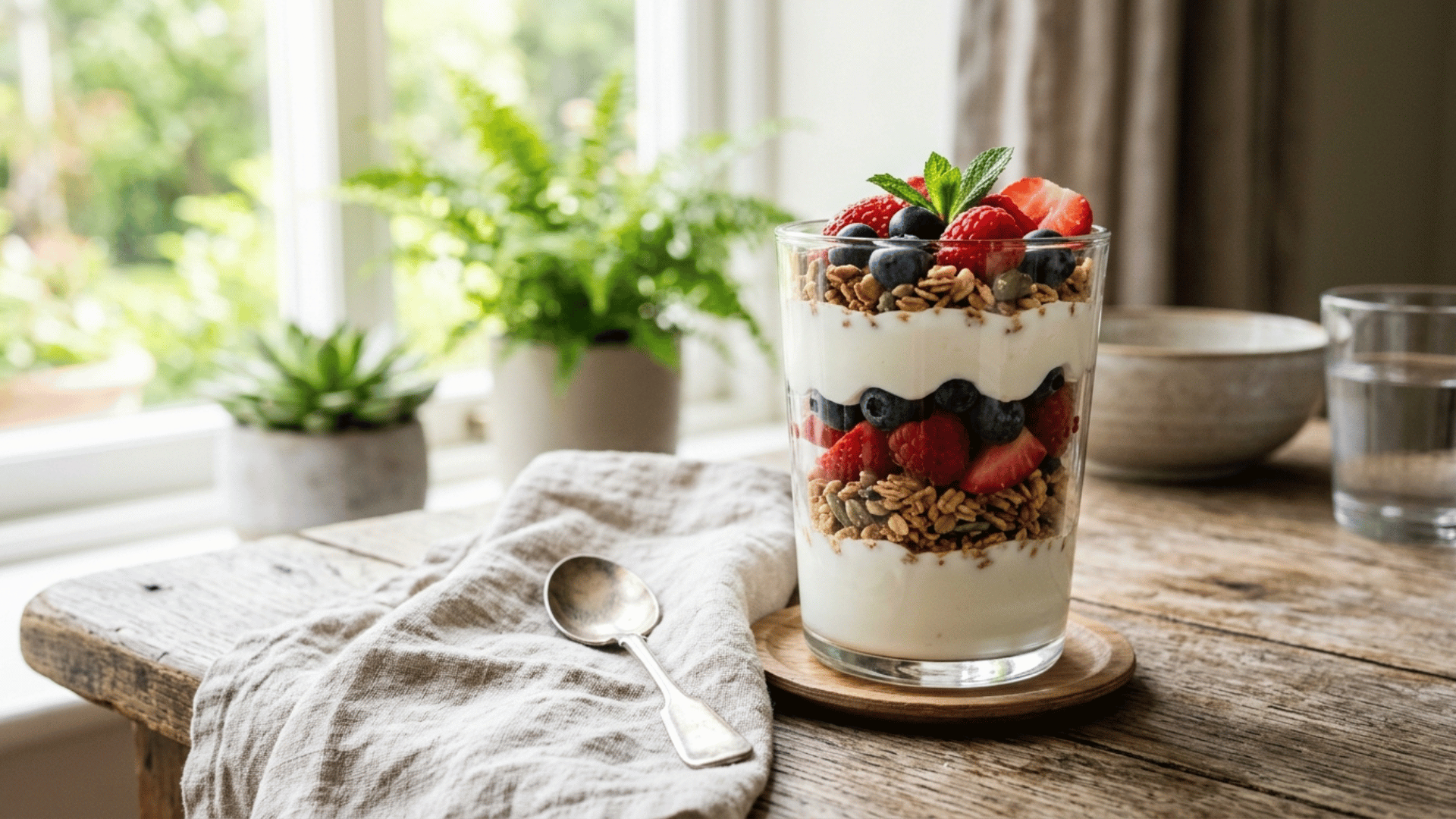 layered yogurt parfait with granola and berries in a glass