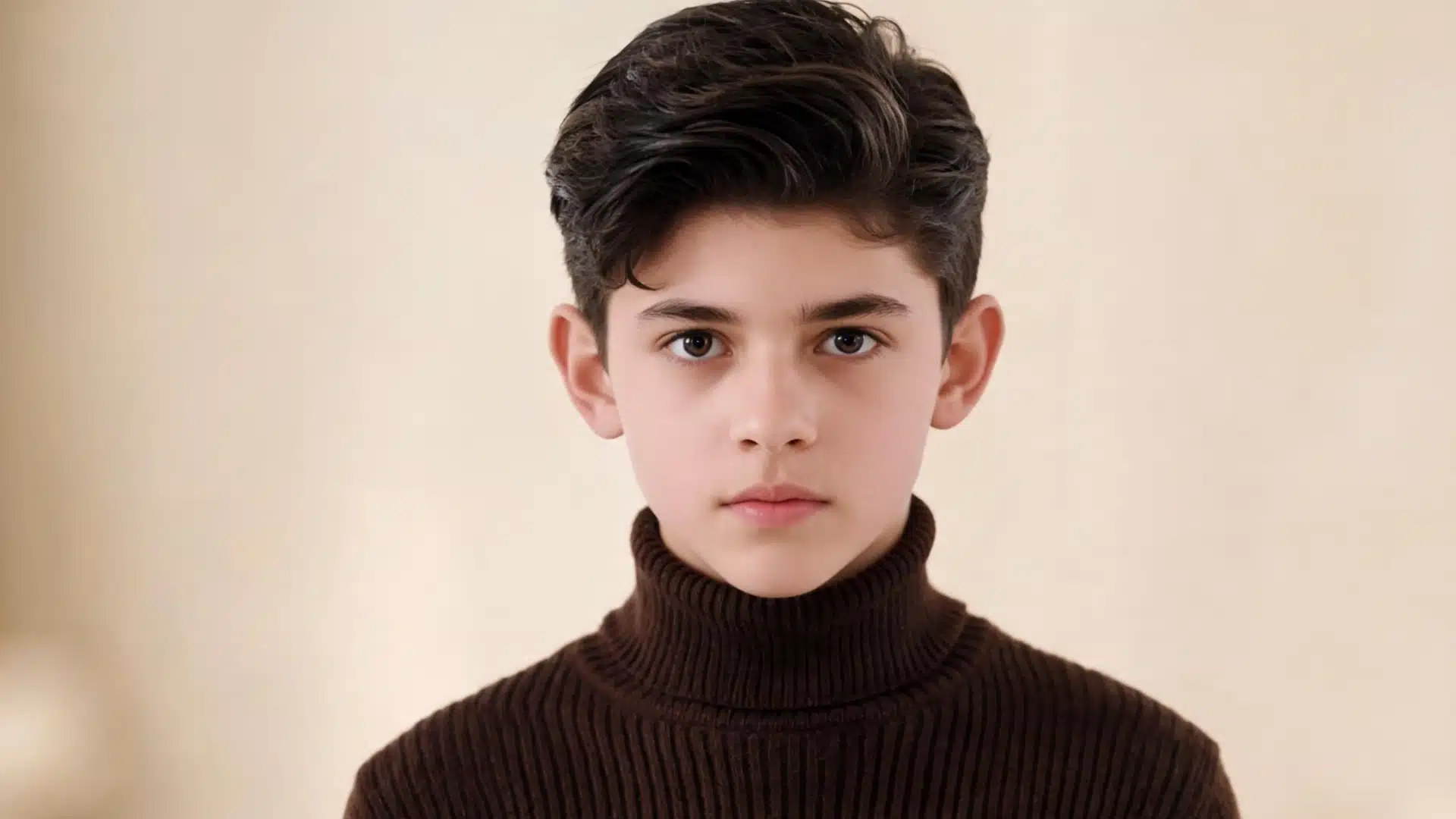 young boy with a comma hair hairstyle featuring a soft curved fringe and neatly styled side parted straight hair