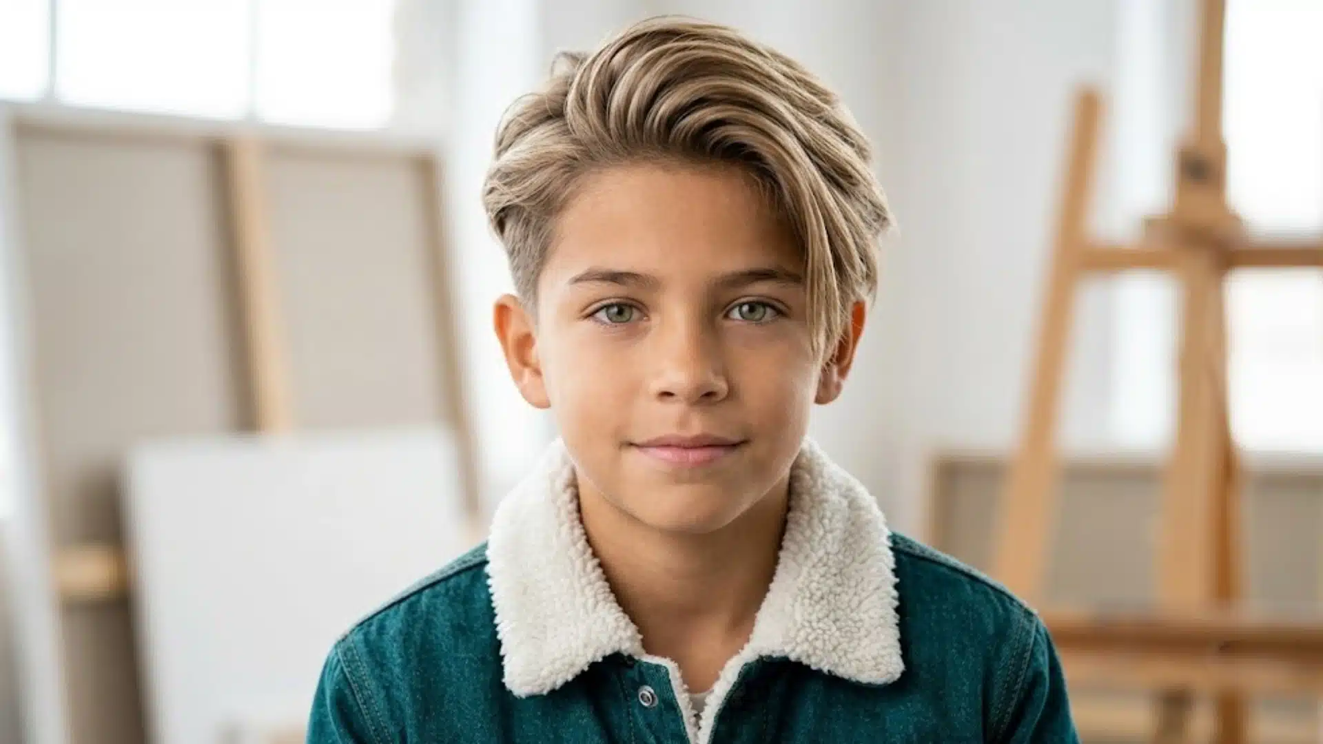 young boy with a long side swept straight hairstyle and tapered sides wearing a green jacket indoors with soft light
