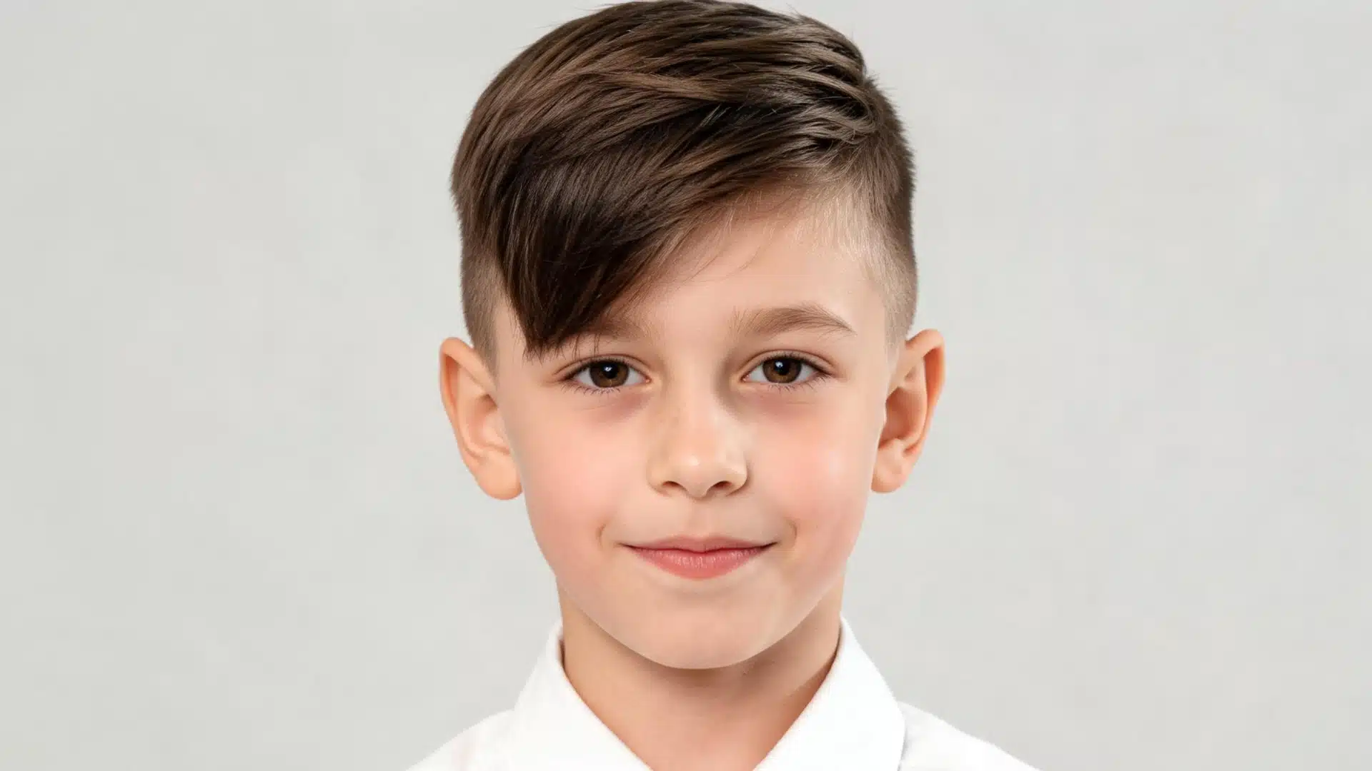 young boy with a side swept fringe haircut featuring long angled bangs and neatly tapered short sides