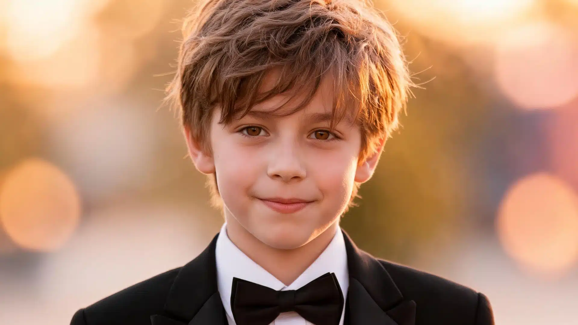 young boy with a soft layered side sweep hairstyle featuring natural straight hair and long swept bangs in formal wear