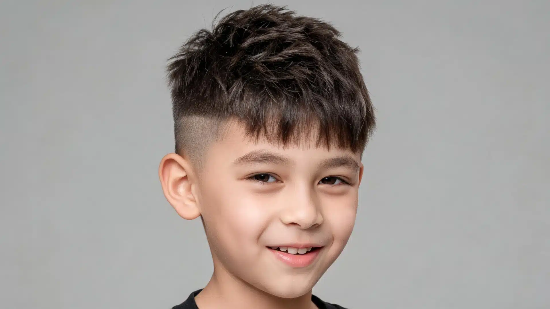young boy with a textured crop haircut featuring short choppy layers on top and faded sides against a gray background