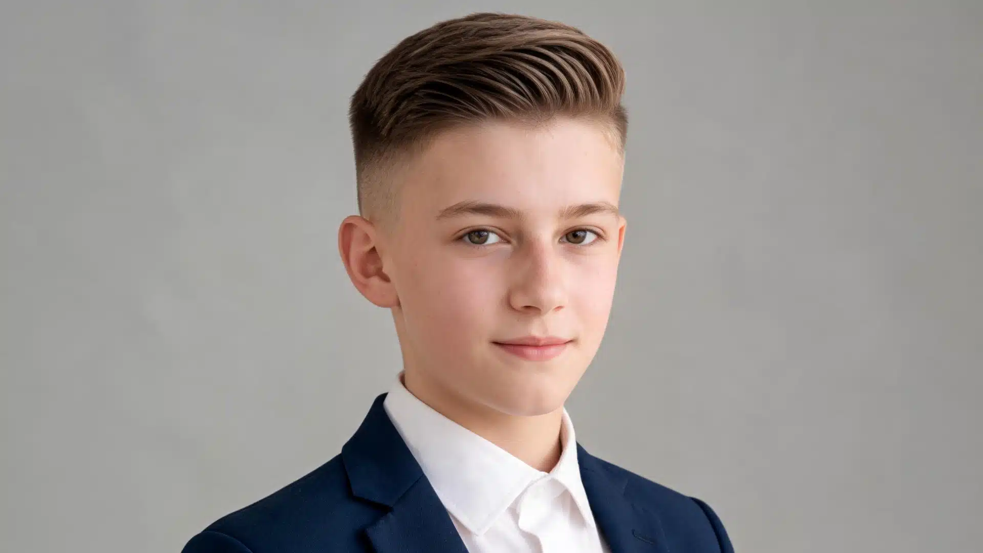 young boy with an ivy league haircut featuring a neatly combed side part and clean tapered fade wearing a navy blazer