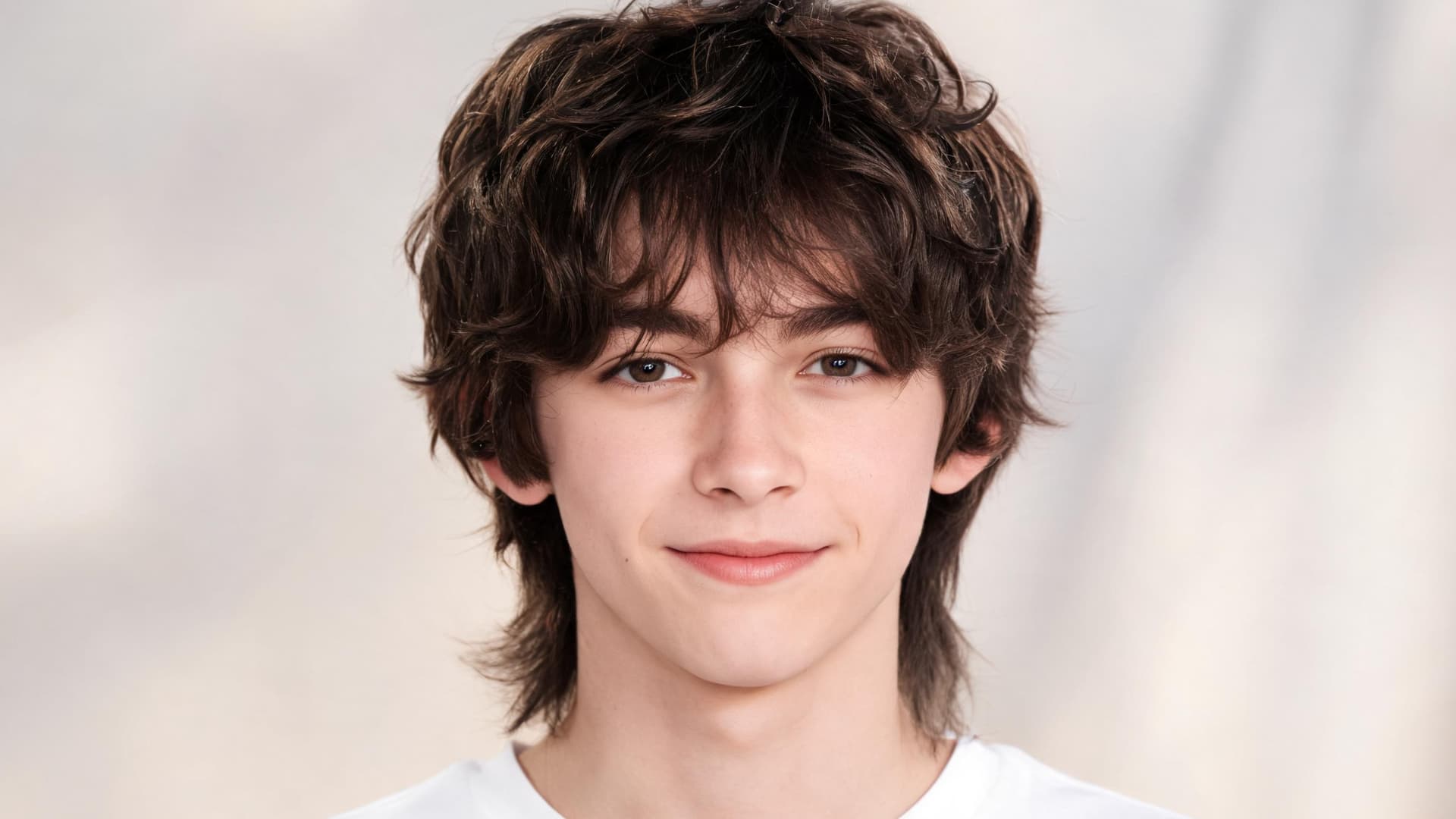 young boy with shaggy layered hair and long textured fringe framing the face wearing a white t shirt indoors