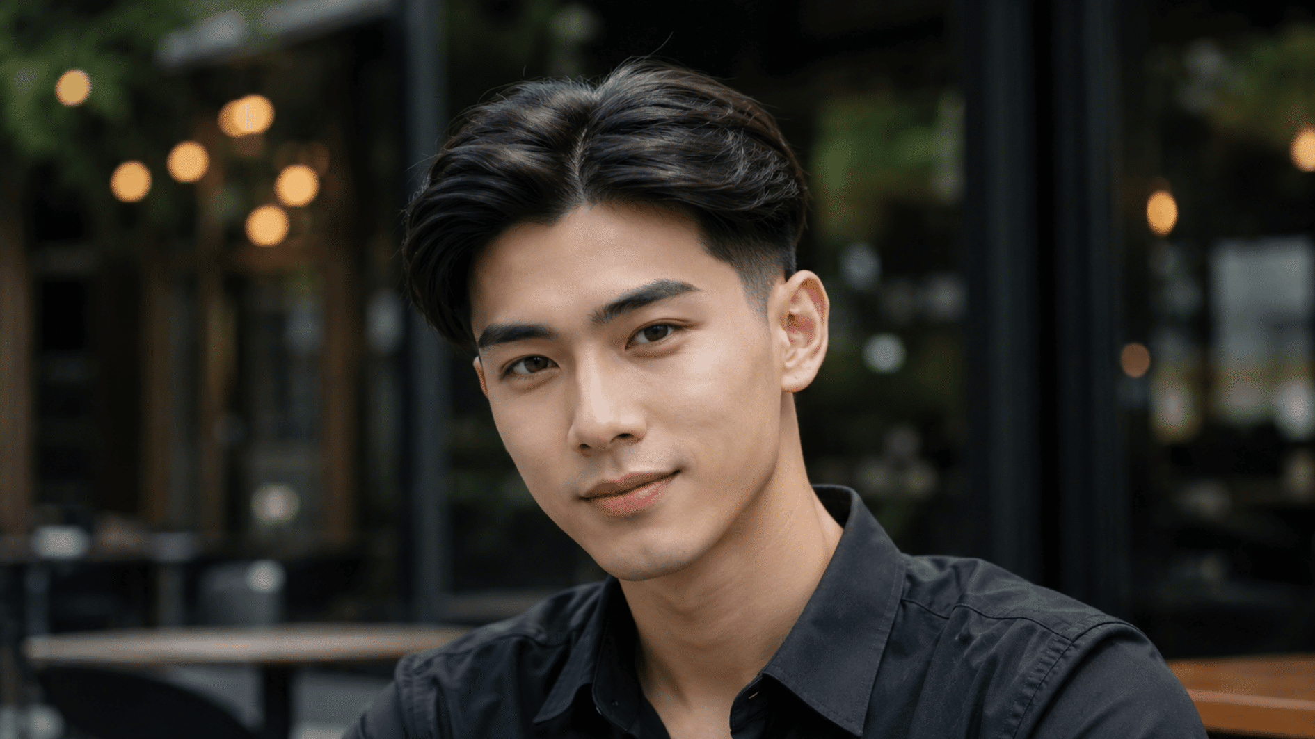 young man with black middle part hair wearing a black shirt near a dark cafe window
