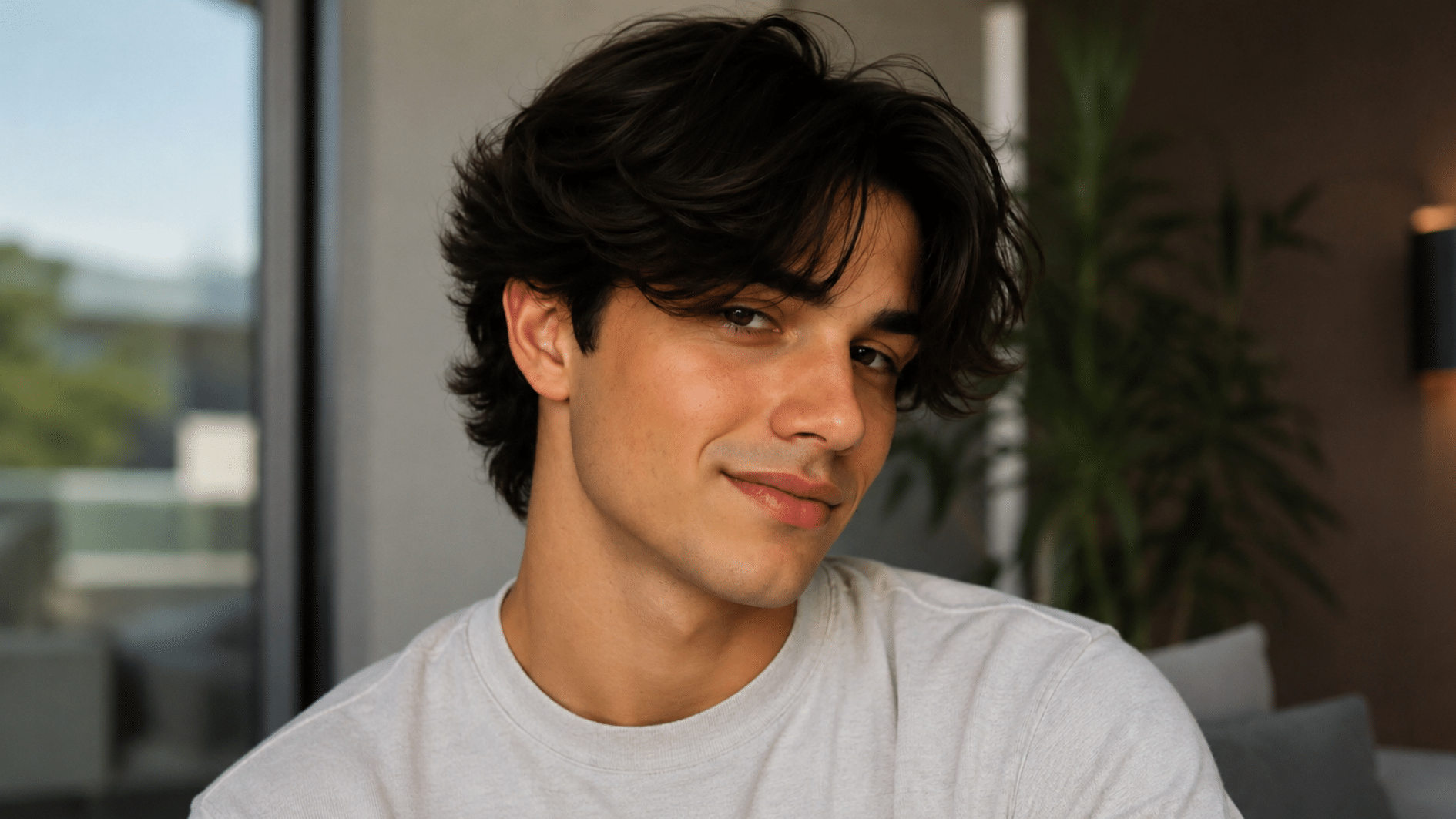young man with dark wavy hair wearing a light shirt indoors near a window and houseplant