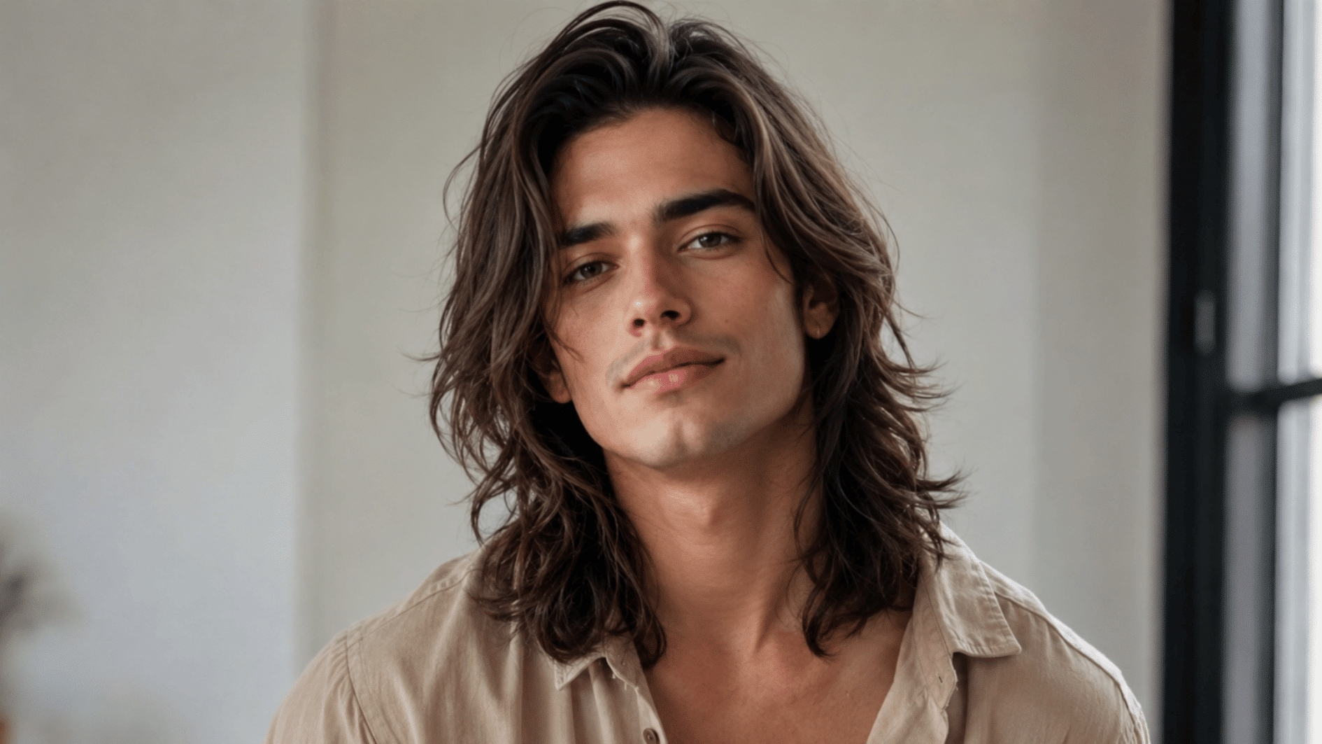 young man with long wavy brown hair wearing a beige shirt indoors near a bright window